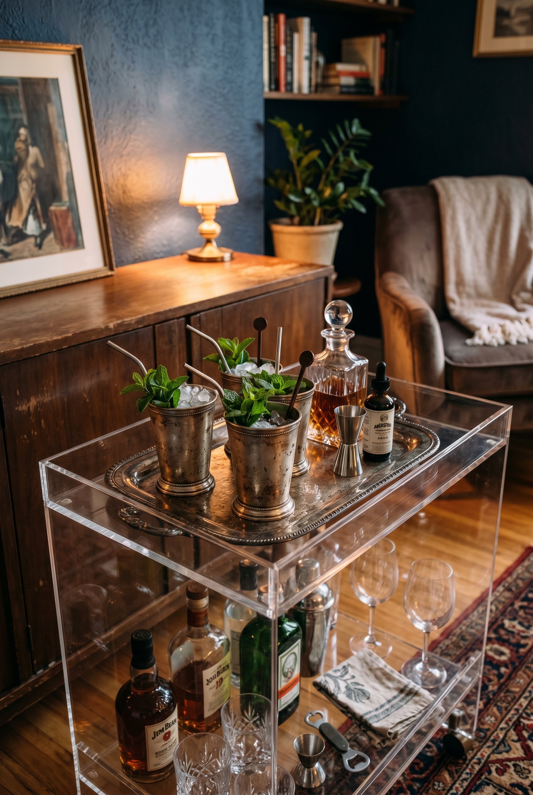 Photorealistic interior photo. Clear acrylic bar cart topped with tarnished silver trays and vintage mint julep cups, moody evening lighting, close-up shot. Editorial photography style, no people visi