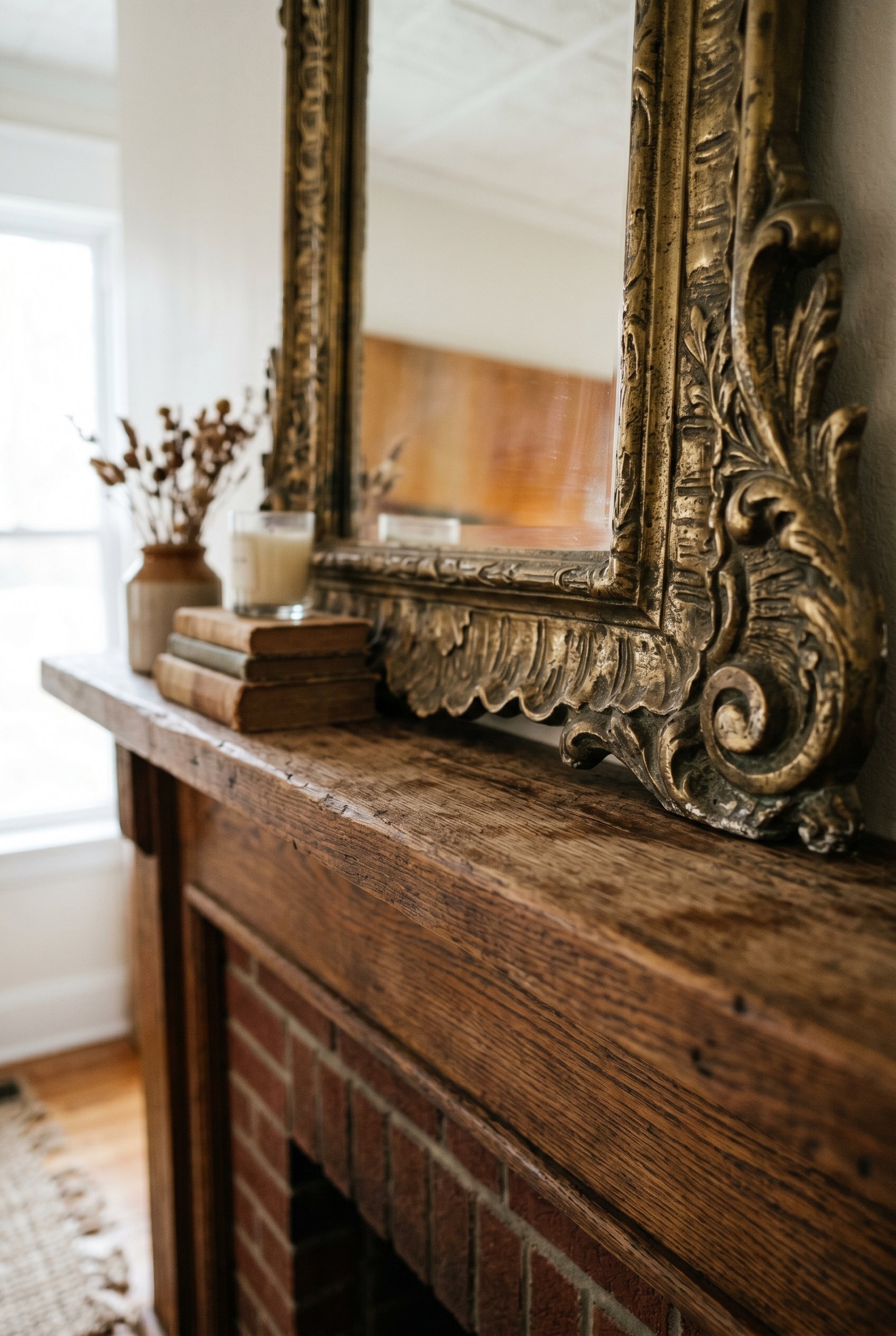Photorealistic interior photo. Close-up detail of a heavy brass ornate mirror leaning on a wooden fireplace mantel. Focus on the bottom edge of the frame gripping the wood, subtle sunlight highlightin