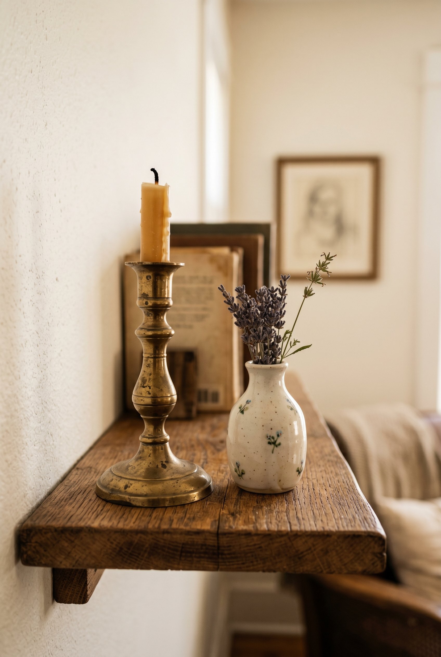 Photorealistic interior photo. Close up macro shot of a vintage brass candlestick and a delicate ceramic vase resting on a wooden shelf. Warm, focused spot lighting. Editorial photography style, no pe