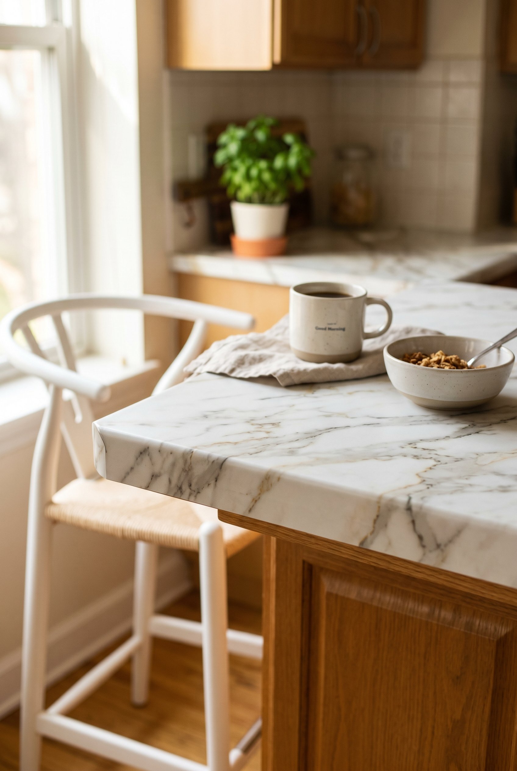 Photorealistic interior photo. Close-up of a breakfast bar edge wrapped in matte faux-calacatta marble architectural vinyl film. Crisp, clean application, realistic veining. Bright indoor lighting, ma