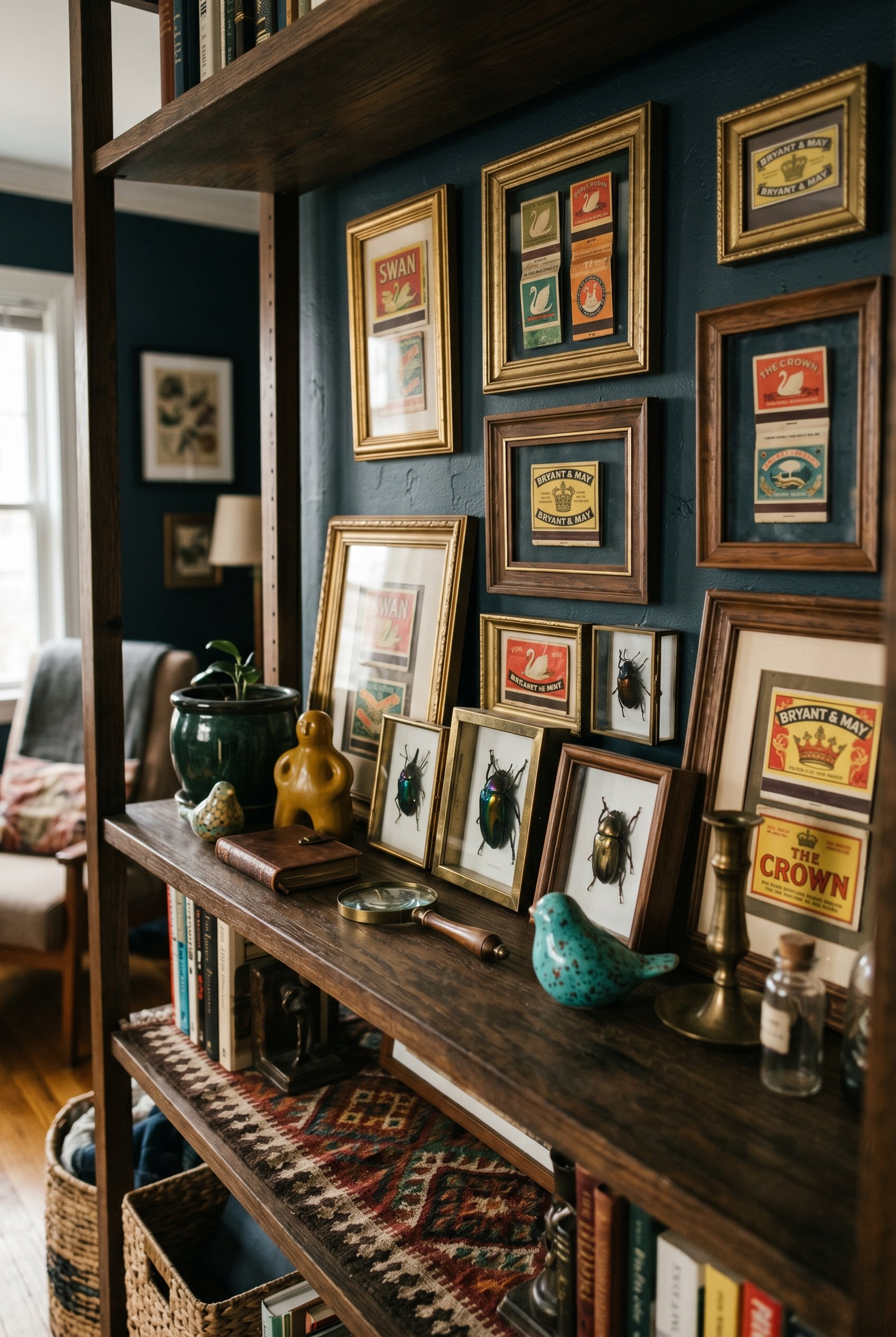 Photorealistic interior photo. Close-up of a curated, highly personal display on a dark wood shelf. Vintage brass taxidermy beetles, strange colorful ceramics, and framed vintage matchbooks. Moody dra