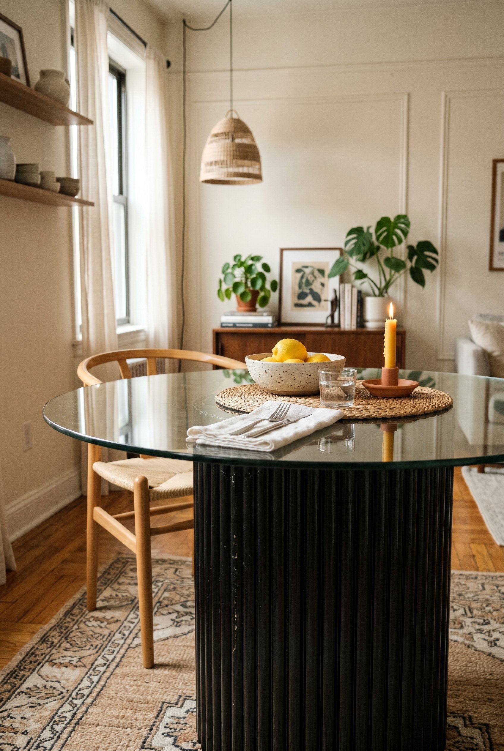 Photorealistic interior photo. Close-up of a DIY dining table base made of fluted wooden pole wrap painted high-gloss black. Round glass top. Editorial photography style, no people visible.