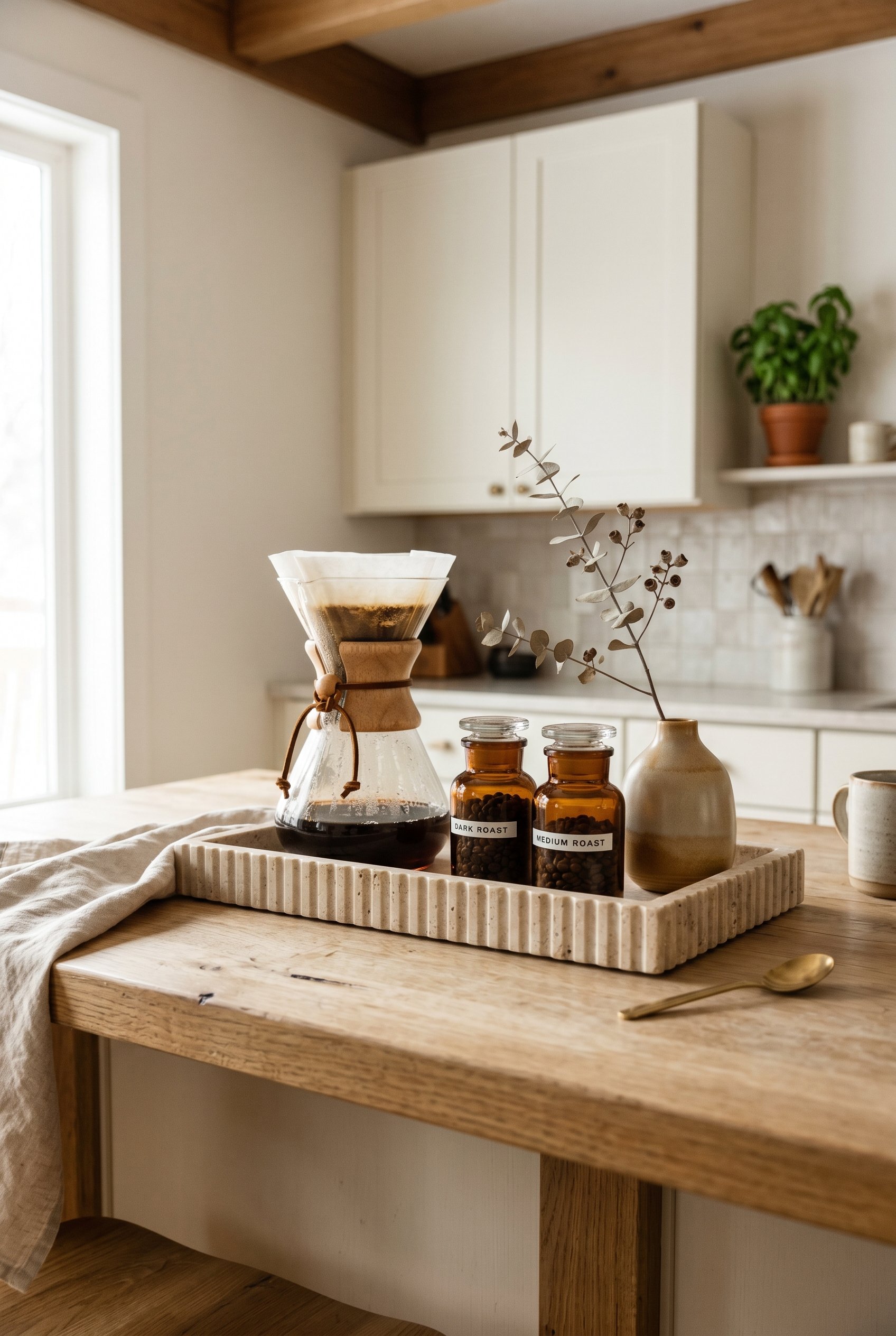 Photorealistic interior photo. Close-up of a fluted travertine tray resting on a breakfast bar, holding a glass Chemex coffee maker, amber glass bean jars, and a small ceramic vase with a single dried