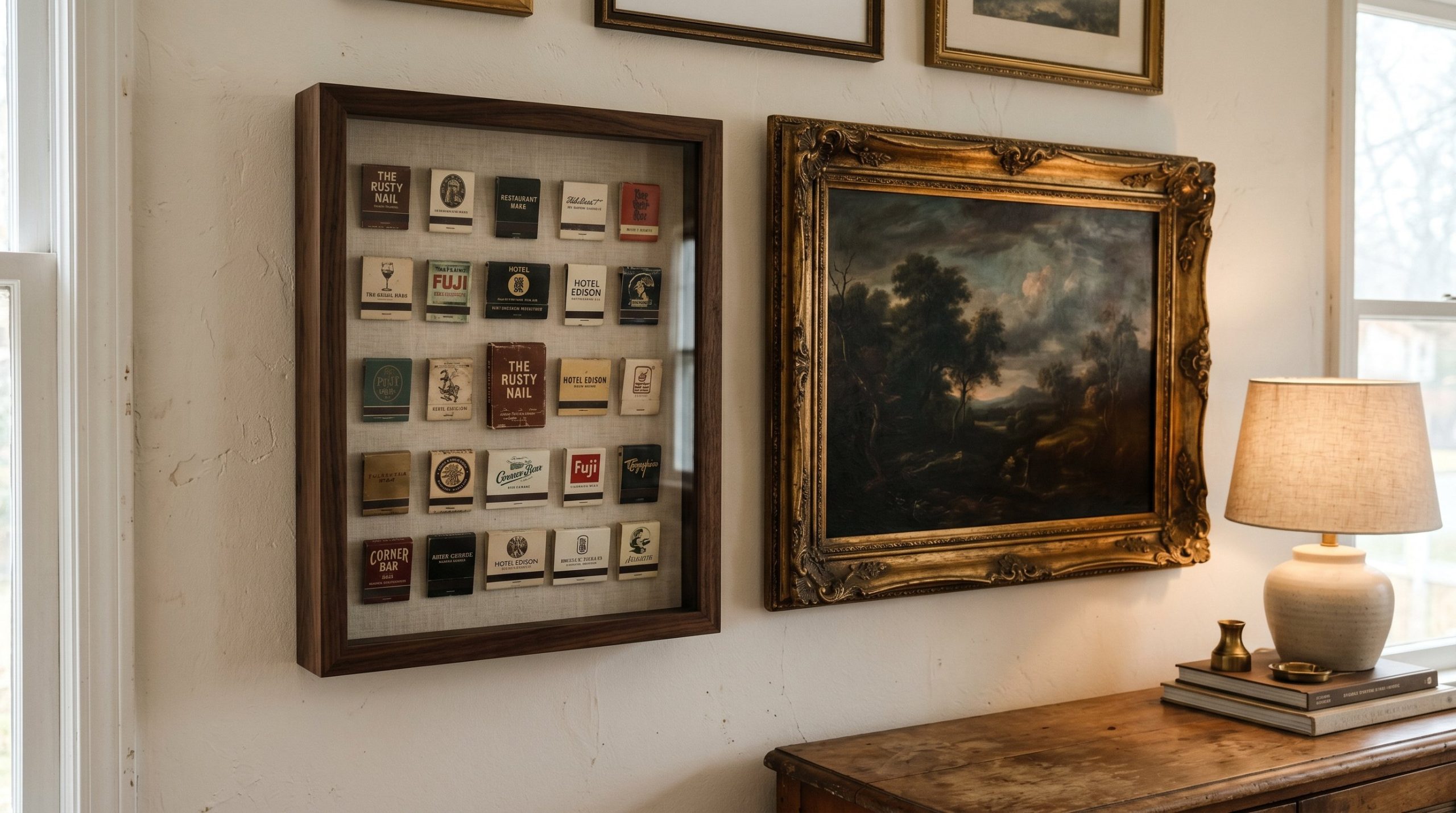 Photorealistic interior photo. Close up of a gallery wall. A deep wooden shadow box displaying vintage matchbooks is hung immediately next to a classic, moody oil painting in a gilded frame. Soft diff