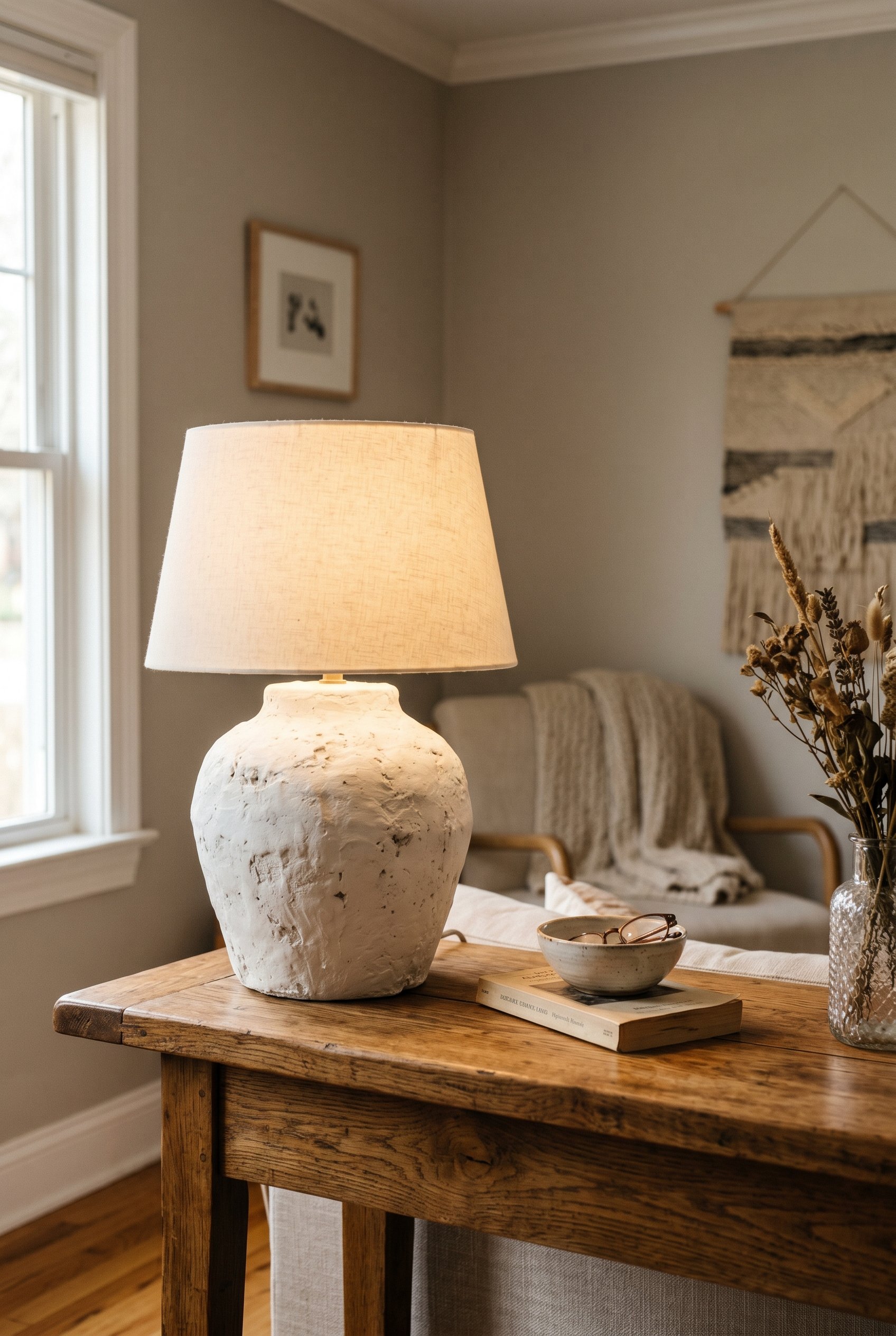 Photorealistic interior photo. Close-up of a heavily textured, white plaster table lamp sitting on a wooden console. Warm, diffused lighting, shallow depth of field. Editorial photography style, no pe