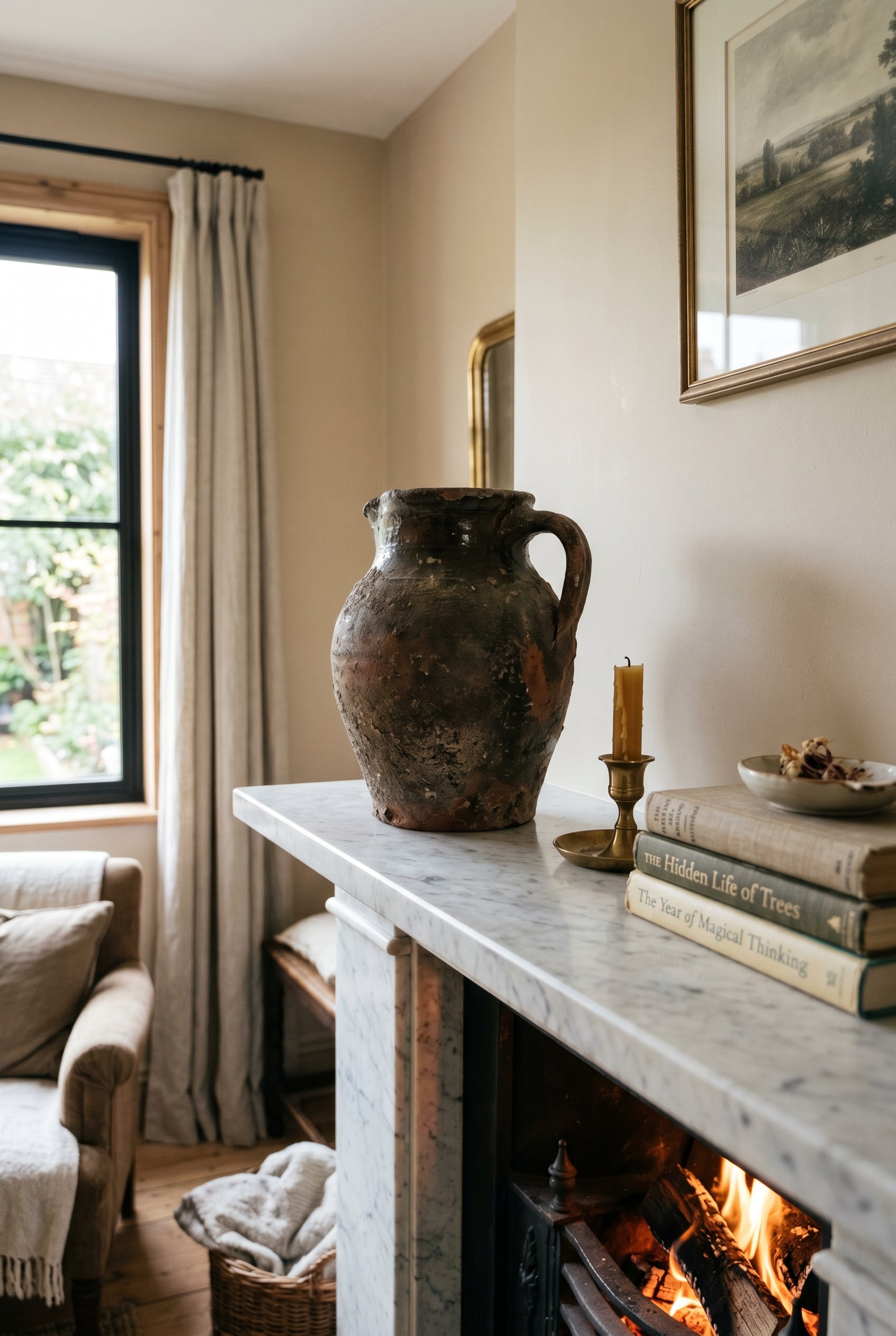Photorealistic interior photo. Close-up of a heavy, rough terracotta vintage jug sitting on a sleek marble fireplace mantel. The rugged texture of the pottery grounds the smooth surface. Crisp dayligh