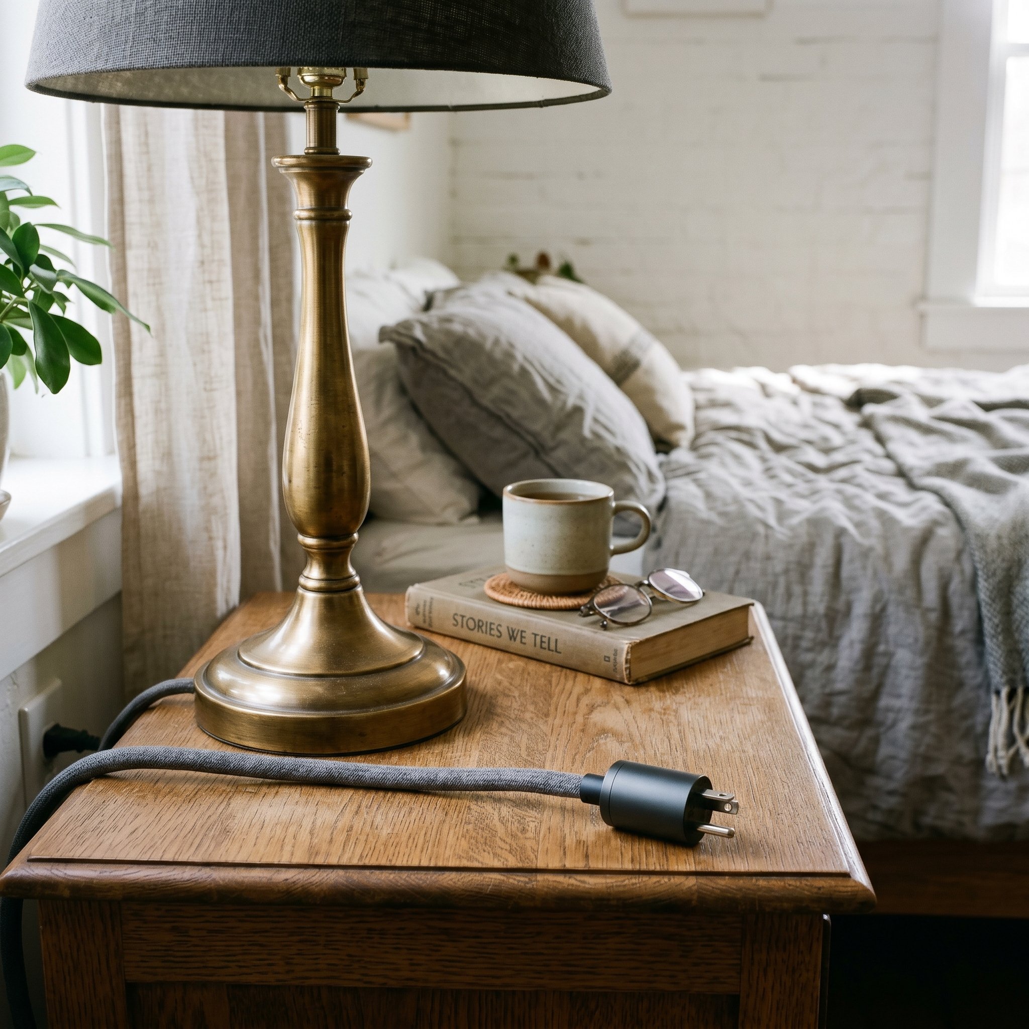 Photorealistic interior photo. Close up of a high-end, fabric-wrapped electrical extension cord with a sleek plug head resting cleanly on a bedside table next to a brass lamp base. Editorial photograp