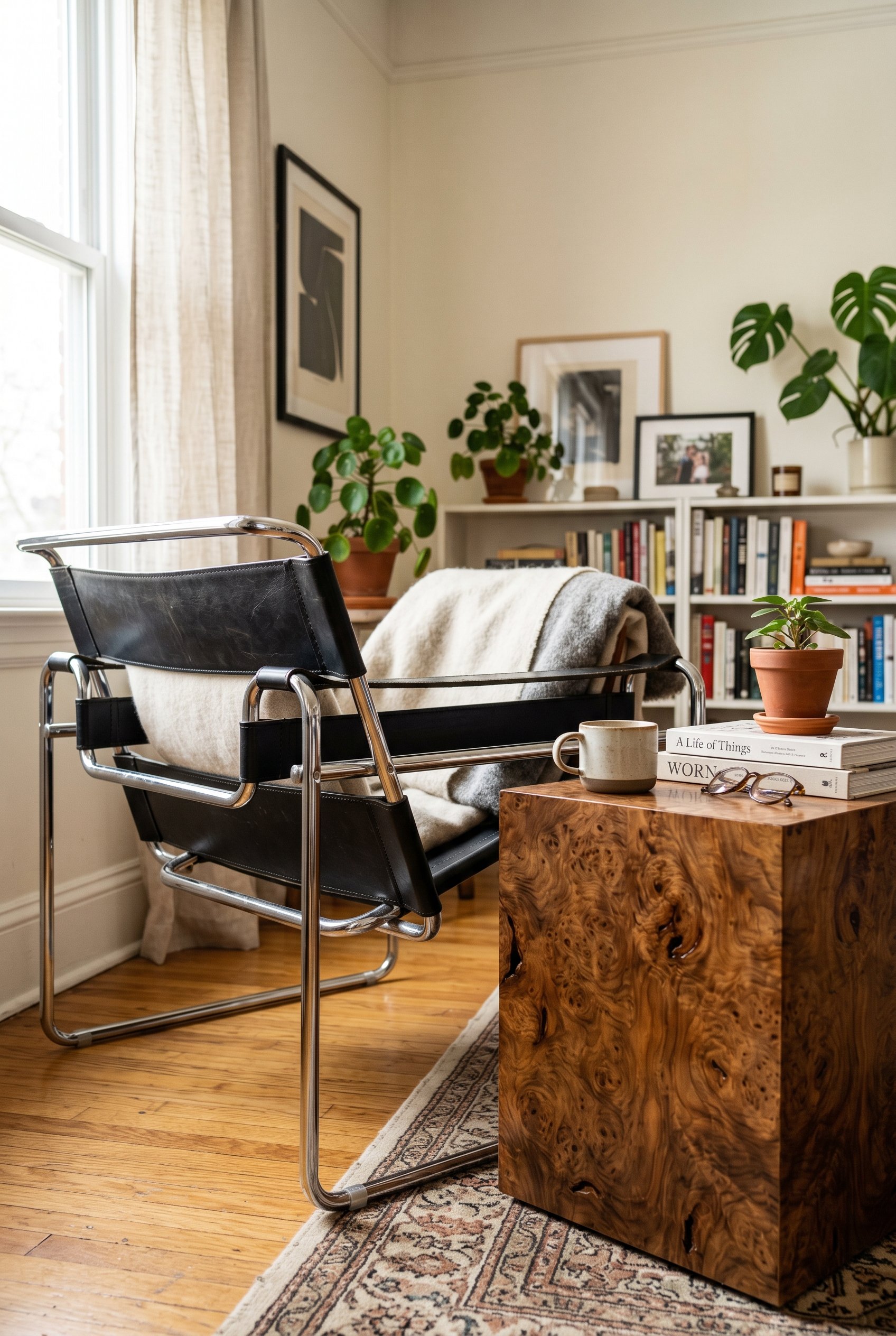 Photorealistic interior photo. Close up of a highly polished chrome and black leather chair sitting right next to a chunky, highly figured warm burl wood side table. High contrast textures. Bright nat