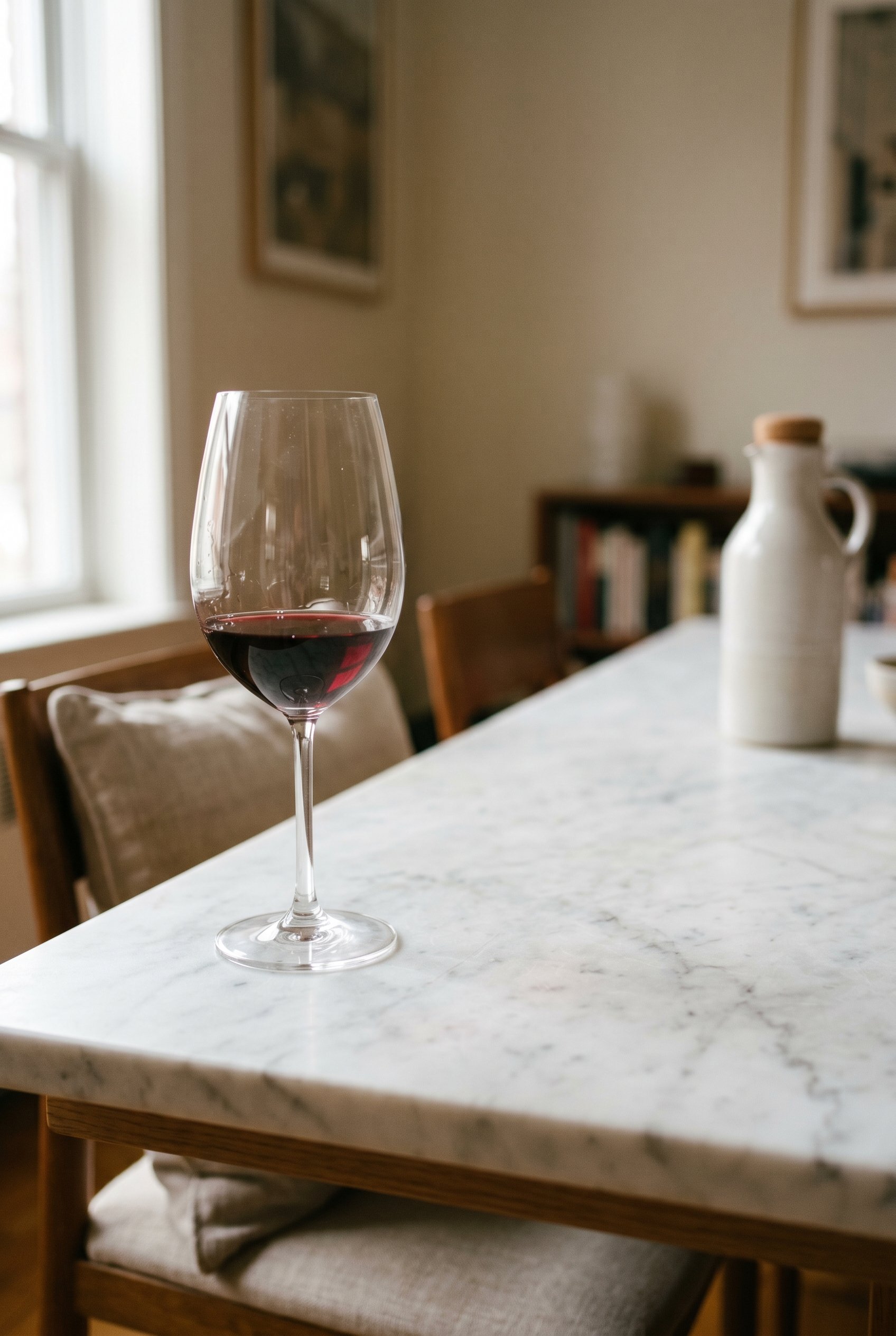 Photorealistic interior photo. Close-up of a honed white marble dining table surface showing matte texture, a single wine glass resting on it, soft side lighting, macro angle. Editorial photography st