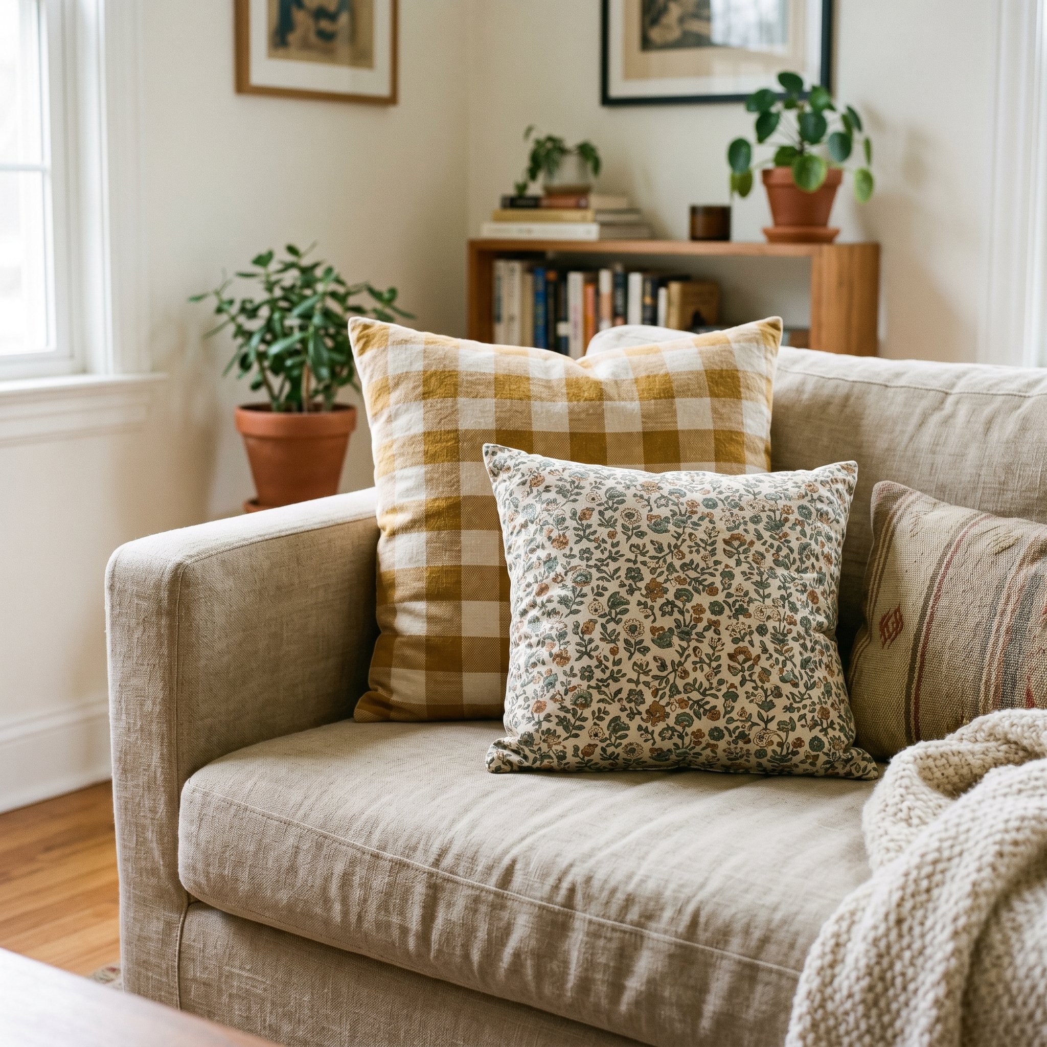 Photorealistic interior photo. Close up of a linen sofa layered with mismatched pillows: one small-scale block print floral and one large-scale mustard gingham check. Editorial photography style, no p