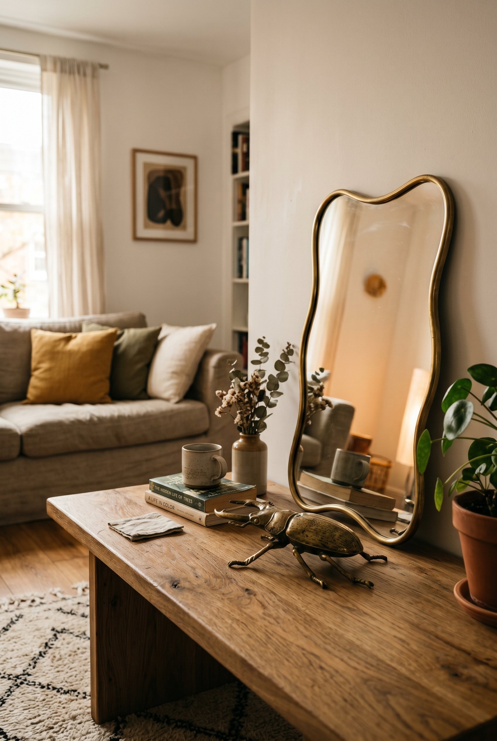 Photorealistic interior photo. Close up of a quirky, asymmetric wavy mirror and a brass beetle sculpture sitting on a modern wooden coffee table. Editorial photography style, warm natural lighting, mo