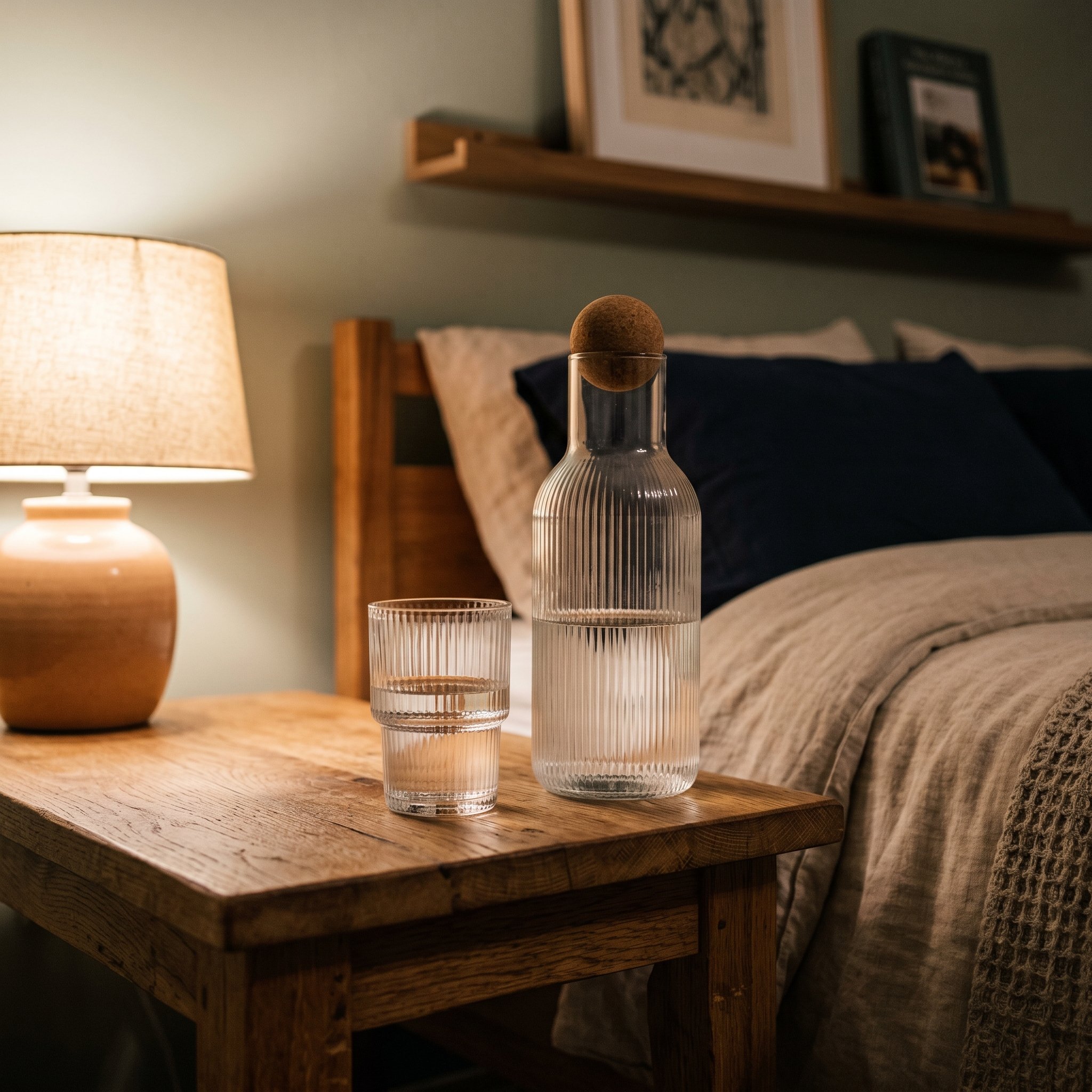 Photorealistic interior photo. Close up of a ribbed glass water carafe with a matching drinking glass resting on a solid oak nightstand. Soft warm bedside lighting, moody shadows. Editorial photograph