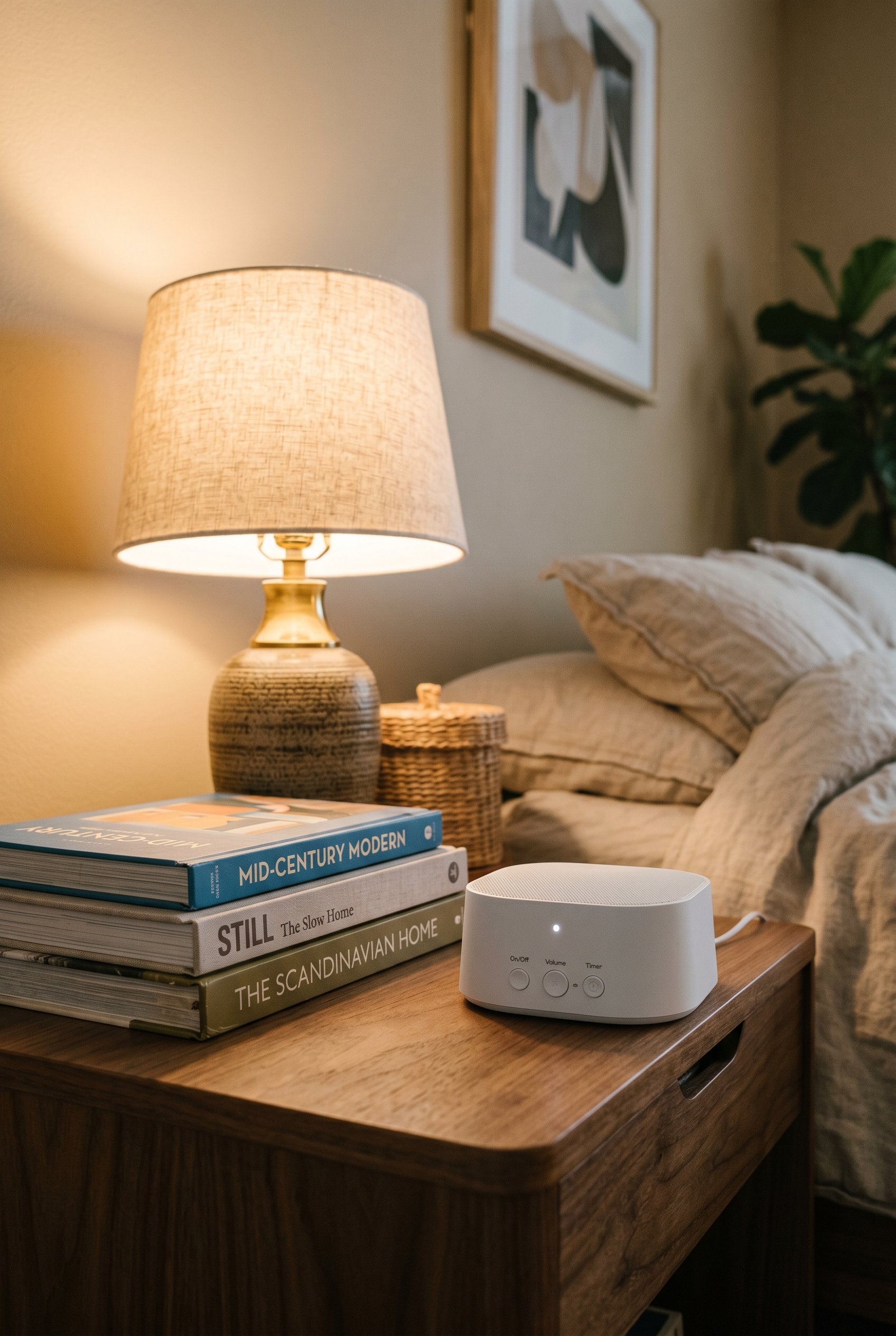 Photorealistic interior photo. Close up of a sleek, modern white noise machine sitting on a walnut nightstand next to a stack of design books and a vintage table lamp. Editorial photography style, war