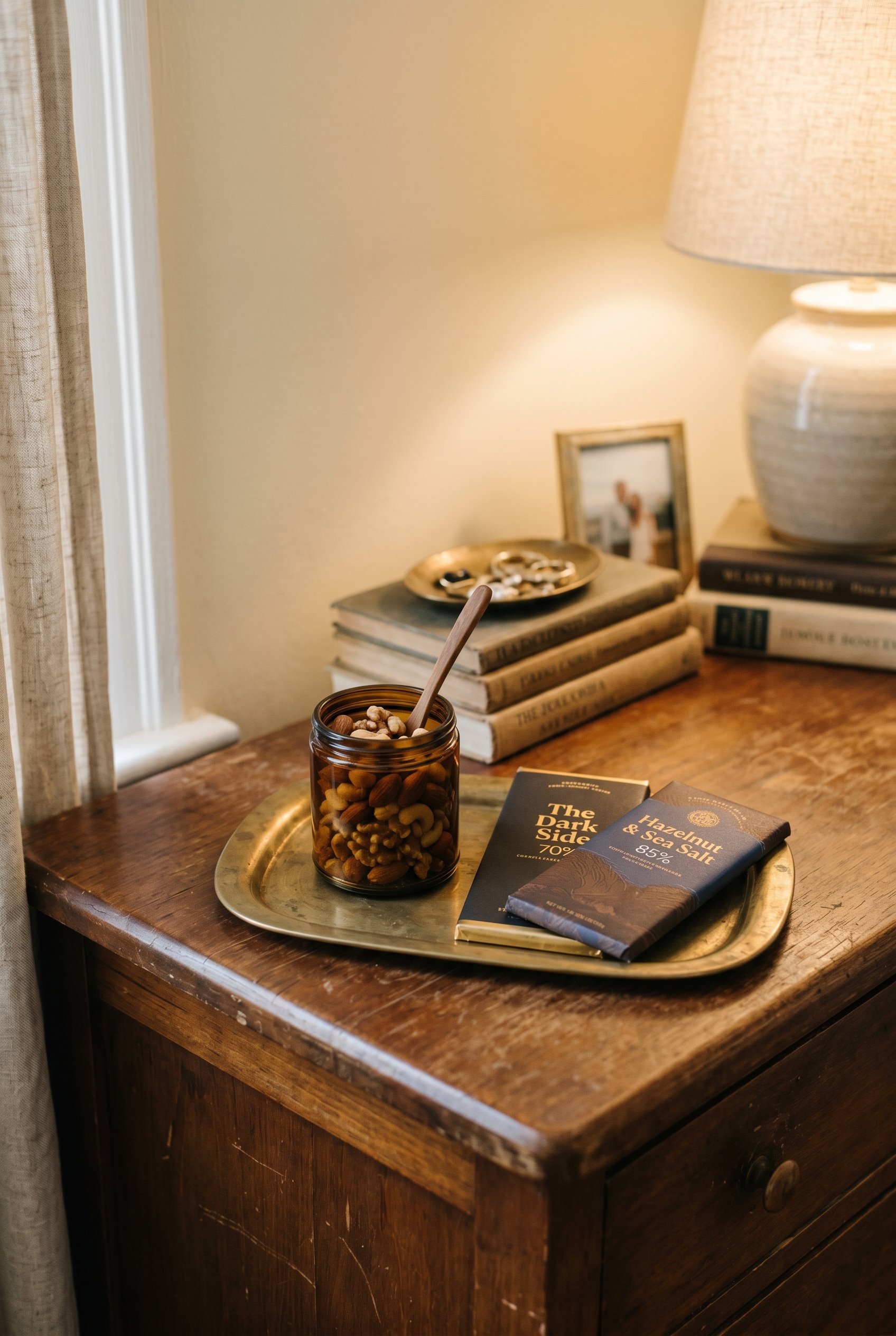 Photorealistic interior photo. Close up of a small unlacquered brass tray on a wooden dresser, holding a small dark glass jar of mixed nuts and two wrapped dark chocolate bars. Editorial photography s