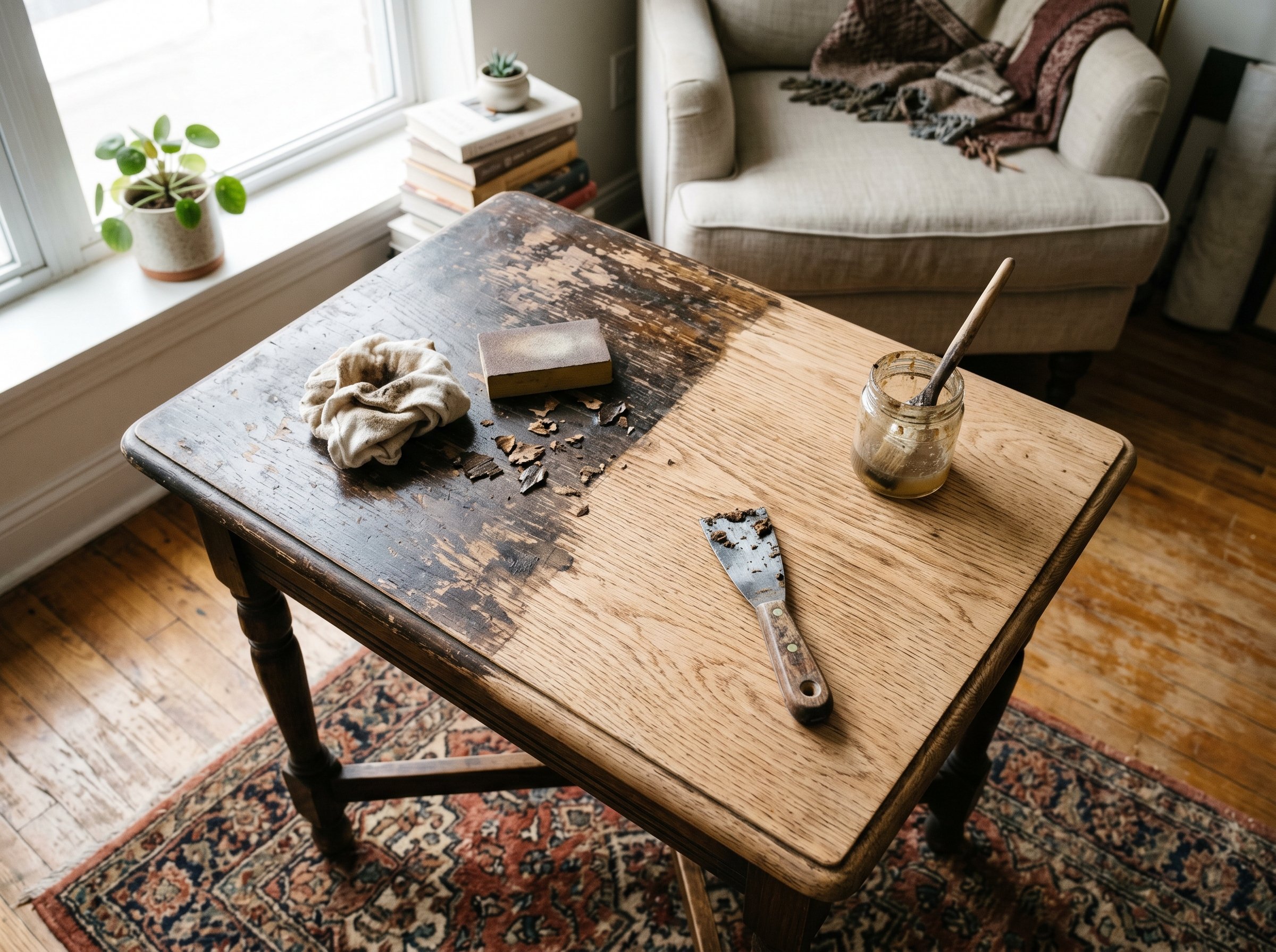 Photorealistic interior photo. Close-up of a vintage wooden side table partially stripped of its dark varnish, revealing beautiful raw wood grain beneath. Bright, natural lighting, top-down angle. Edi