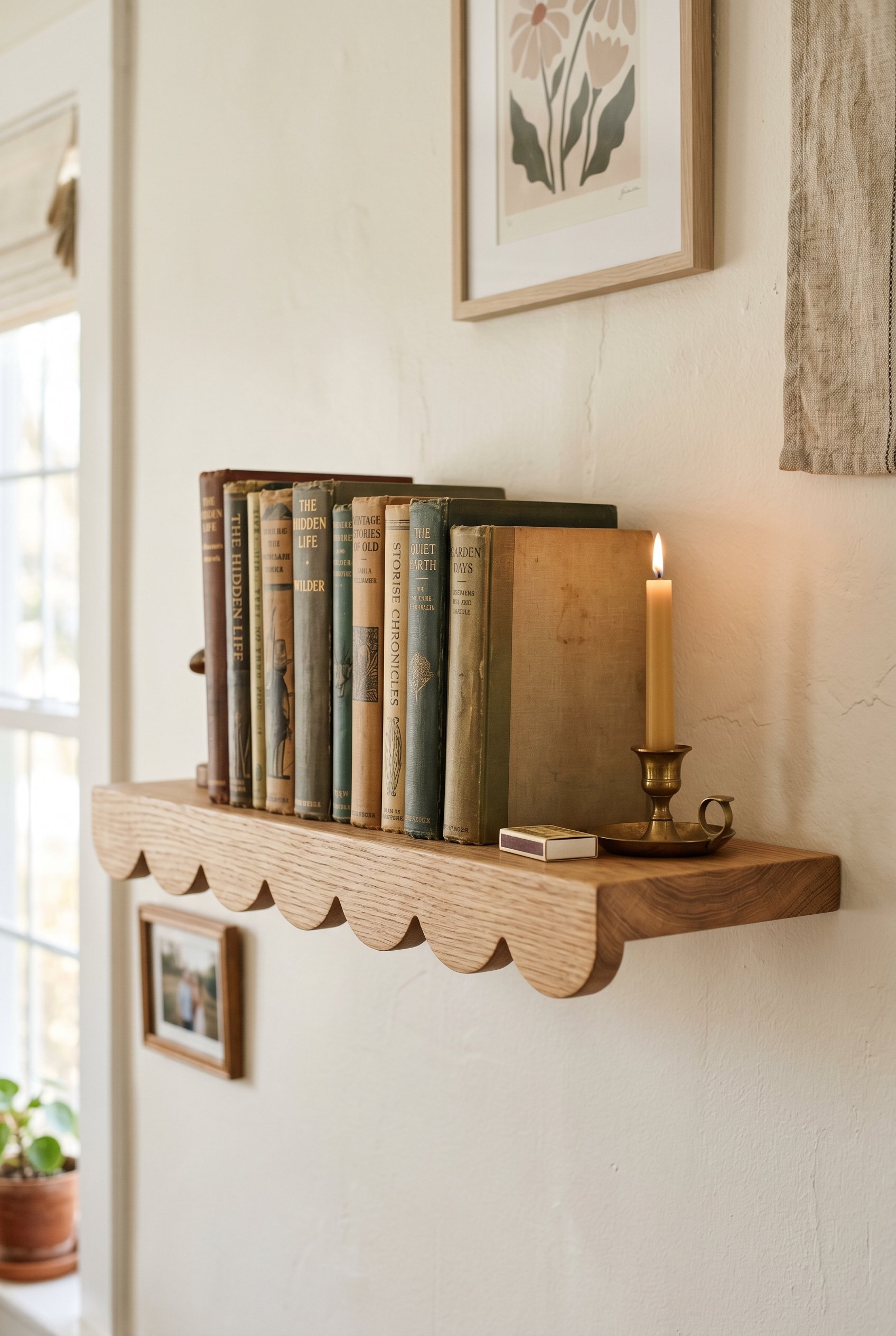 Photorealistic interior photo. Close up of a wooden floating shelf with a custom wavy scalloped edge, holding vintage books and a small brass accent. Editorial photography style, soft lighting, playfu