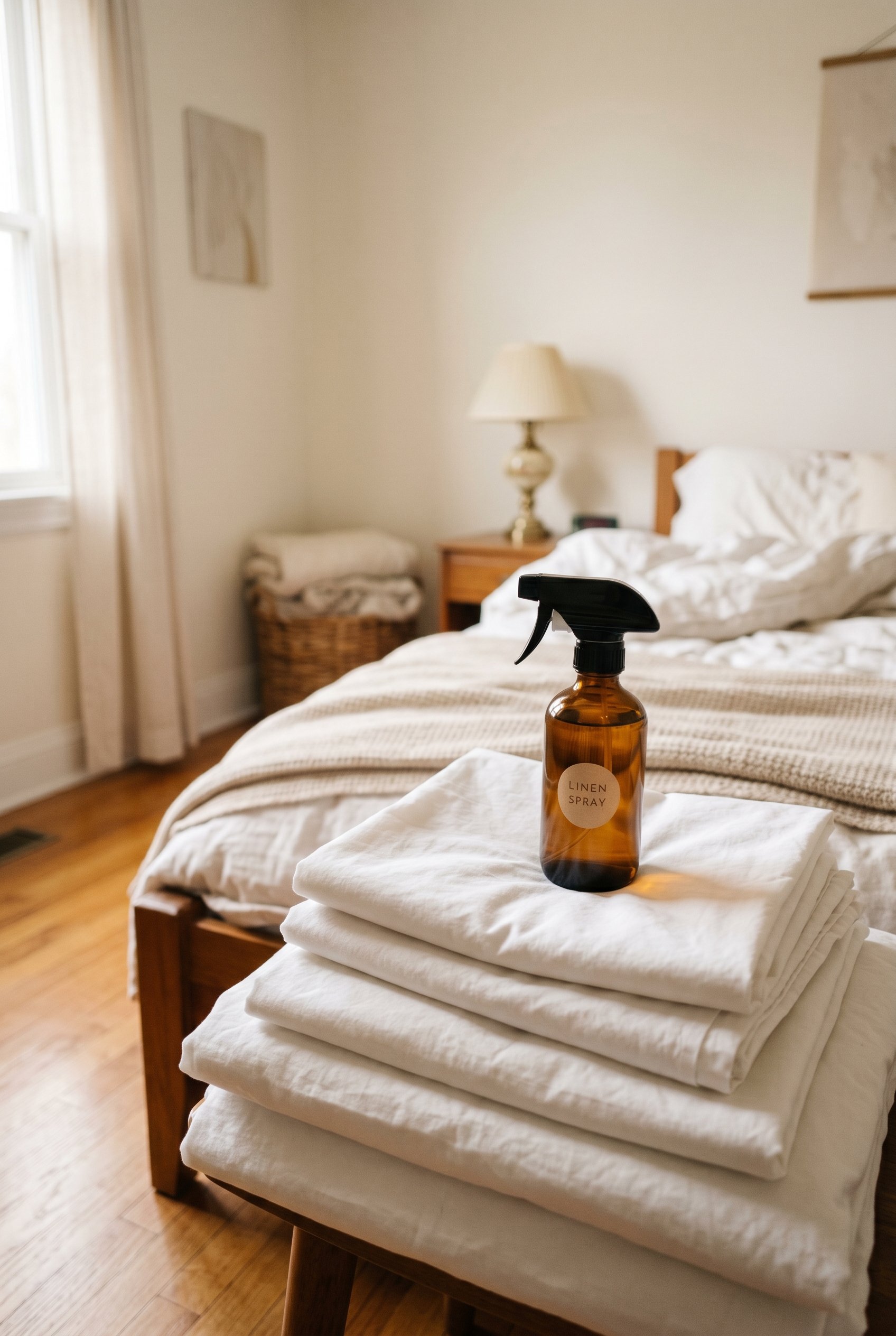 Photorealistic interior photo. Close up of an amber glass spray bottle of linen spray resting on folded white cotton percale sheets at the foot of a bed. Editorial photography style, soft morning ligh