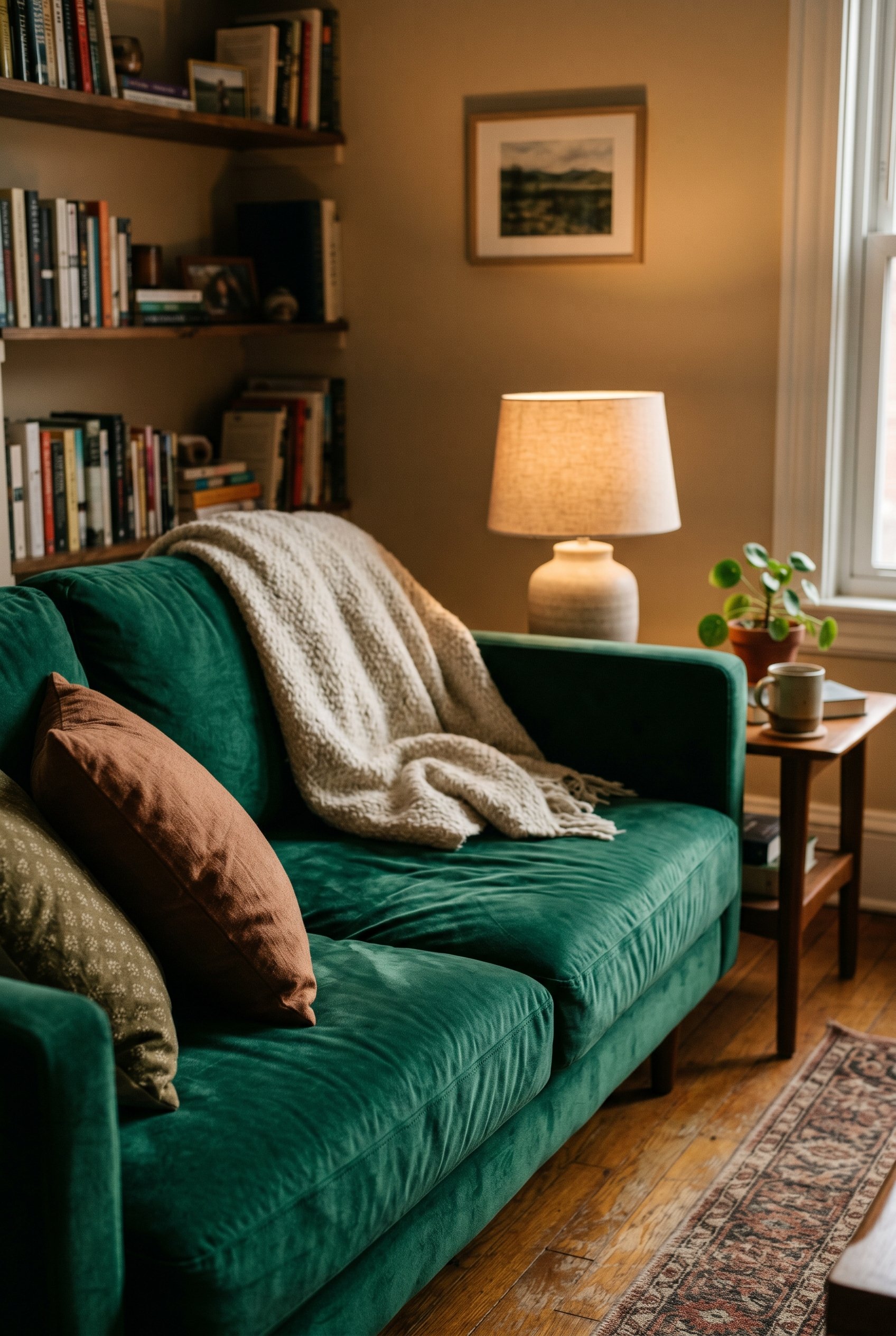 Photorealistic interior photo. Close-up of an emerald green performance velvet sofa, rich texture, warm moody lighting, shallow depth of field. Editorial photography style, no people visible.