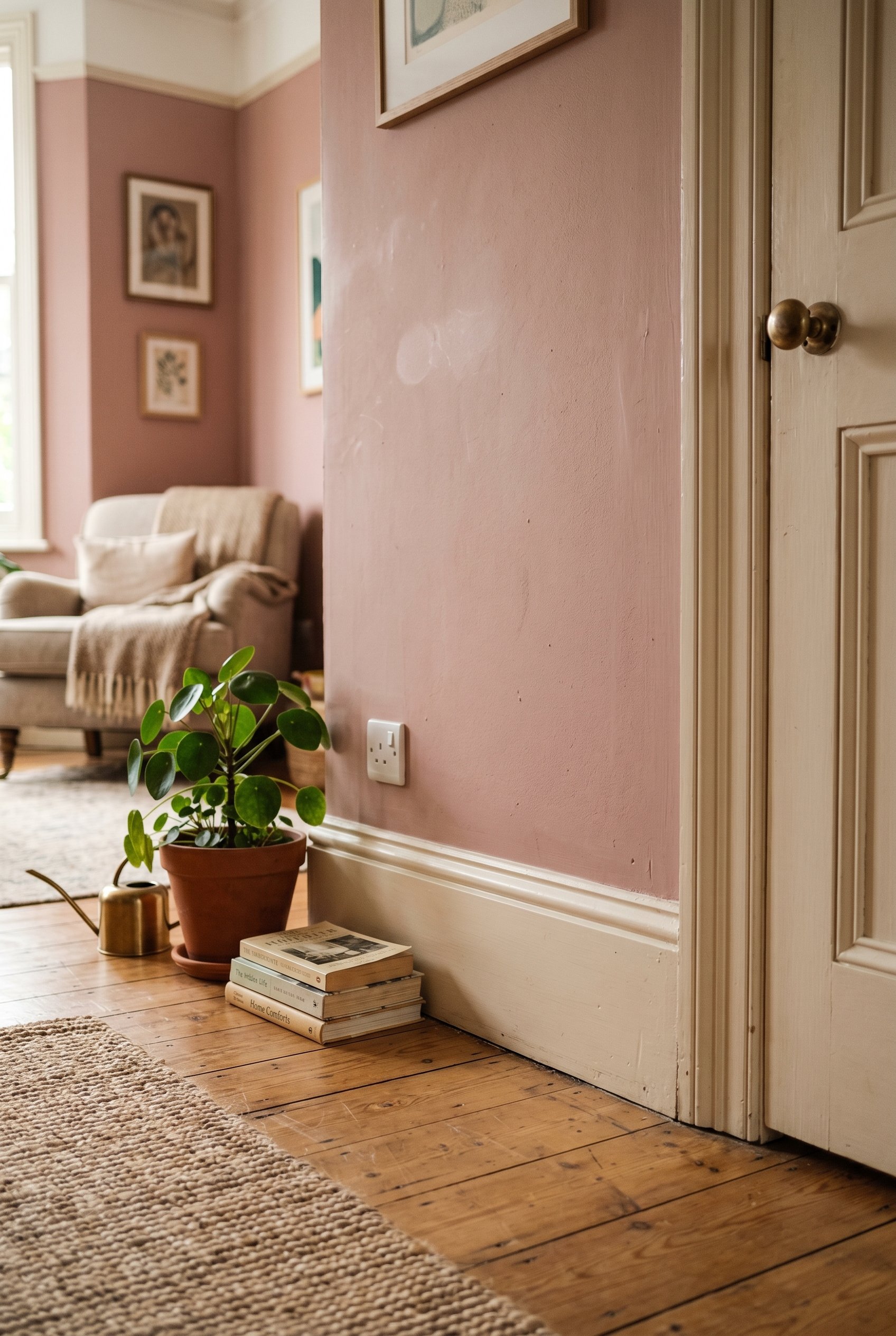 Photorealistic interior photo. Close up of dusty rose wall paint meeting creamy warm off-white baseboards and trim, natural soft lighting, low camera angle. Editorial photography style, no people visi