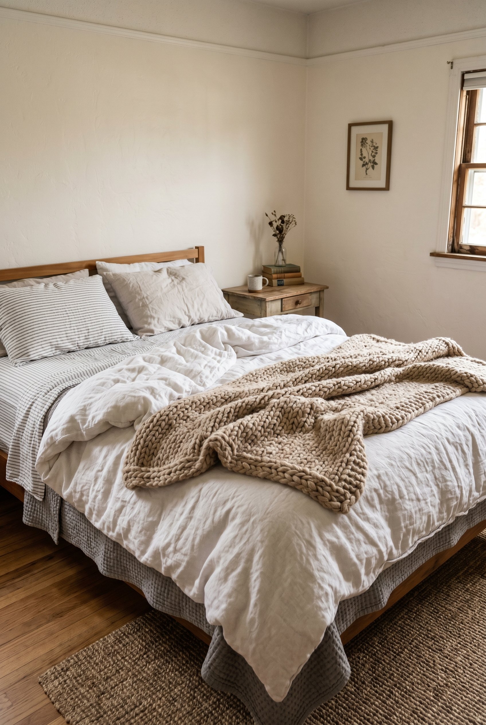 Photorealistic interior photo. Close up of heavily layered bedding. Crumpled white european flax linen duvet cover, thick chunky knitted beige wool throw blanket folded at the foot of the bed. Editori