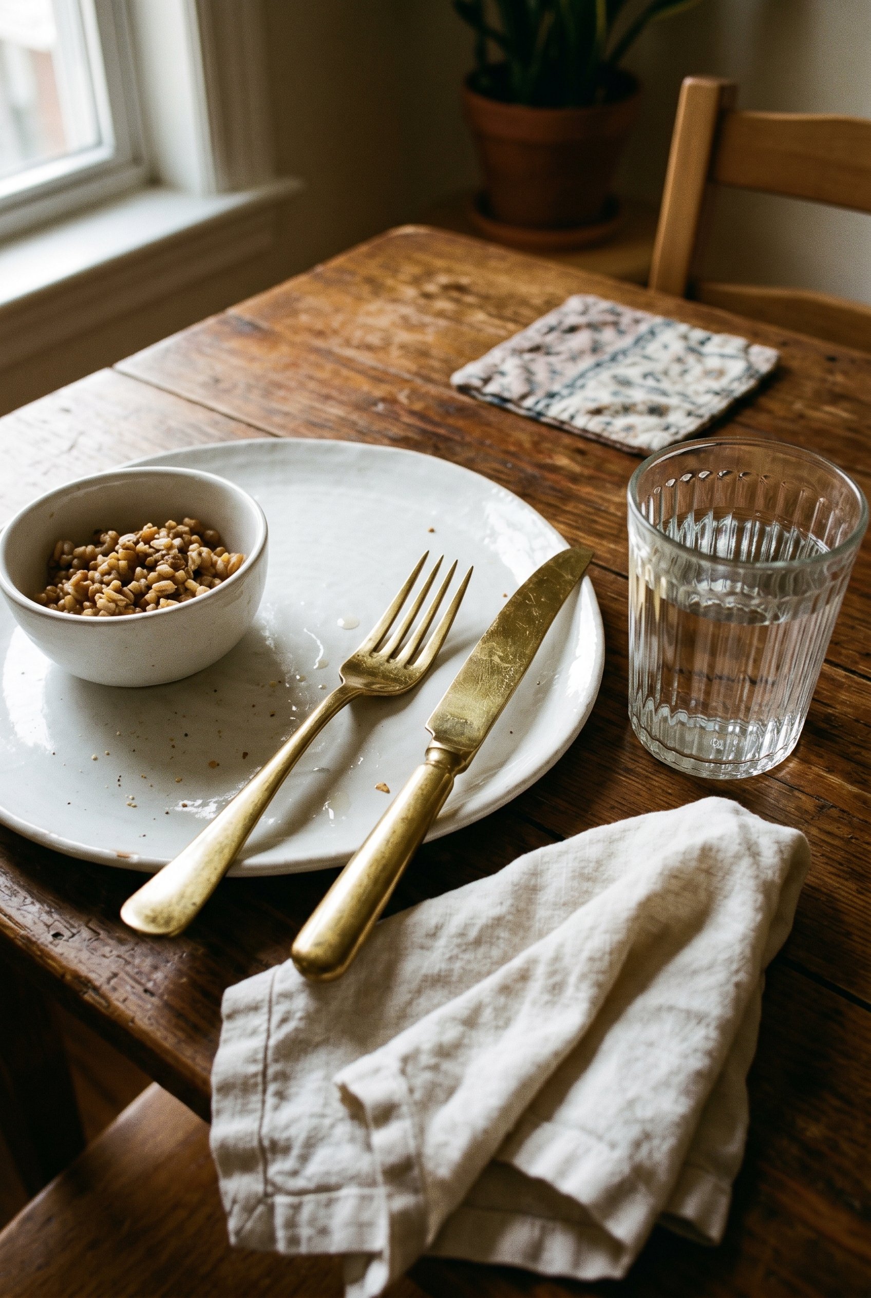 Photorealistic interior photo. Close-up of heavy polished brass flatware and ribbed glassware on simple white ceramic plates, dramatic directional lighting, top-down angle. Editorial photography style