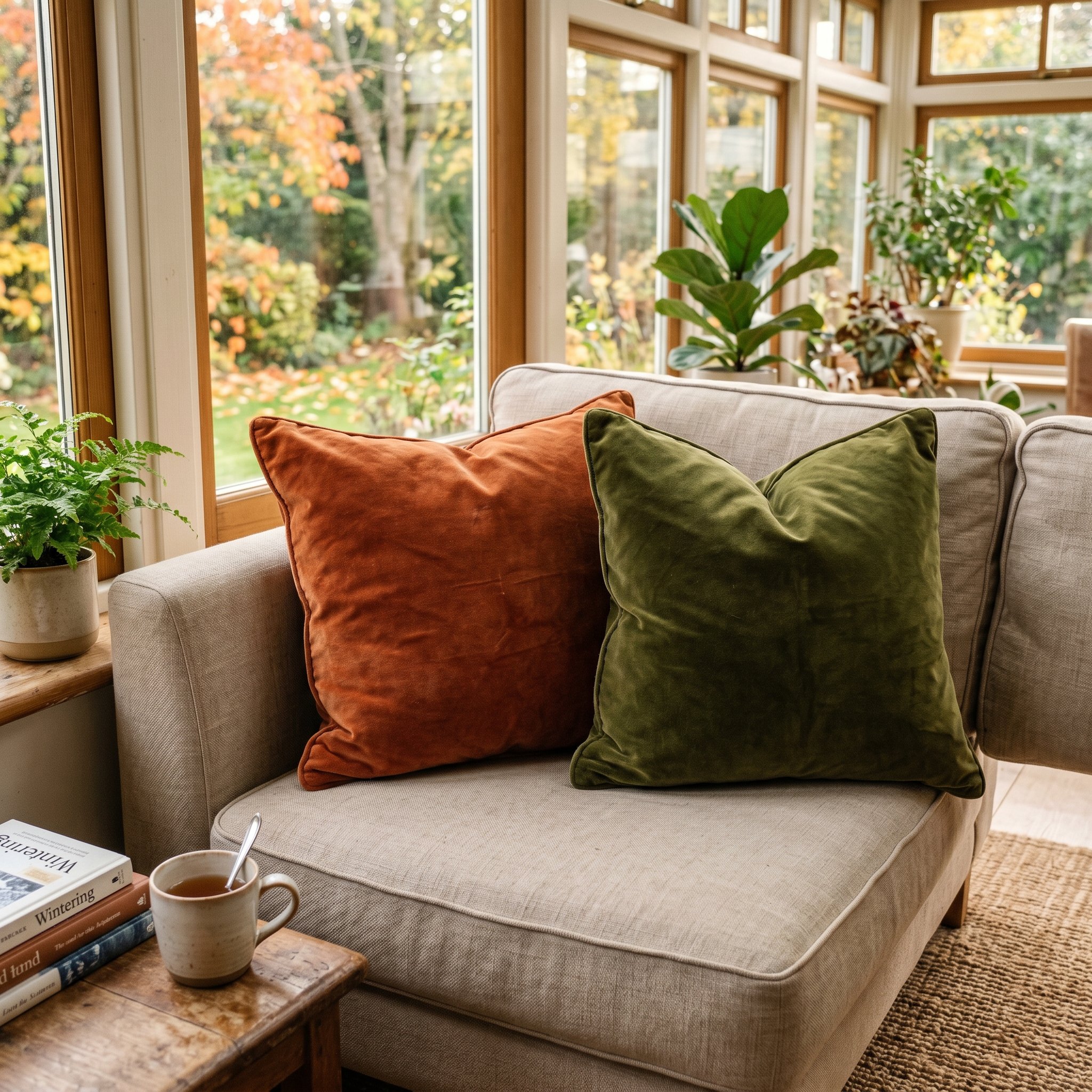 Photorealistic interior photo. Close up of heavy rust and olive green velvet pillows on a neutral sofa in a sunroom, autumn sunlight. Editorial photography style, no people visible.
