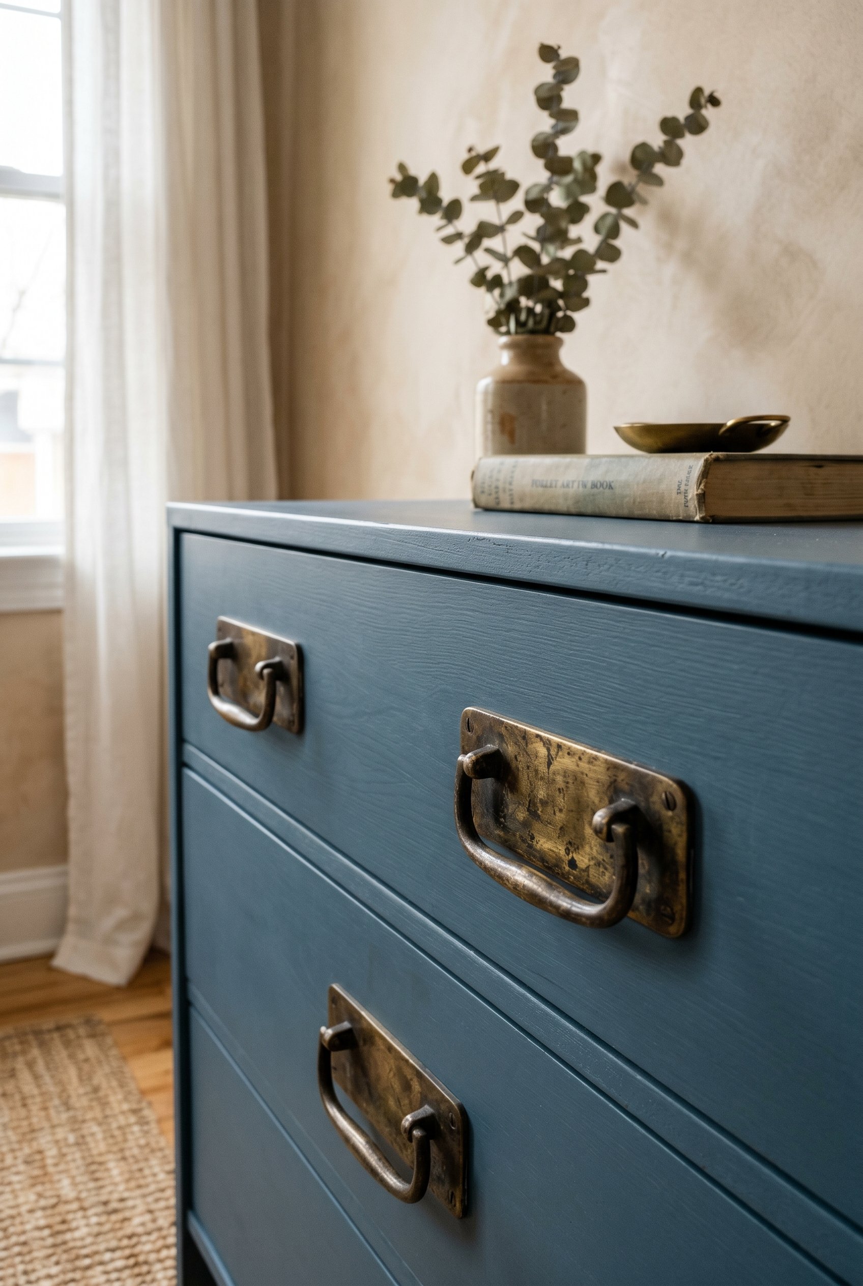 Photorealistic interior photo. Close-up of heavy, unlacquered antique brass drawer pulls installed on a simple, modern painted dresser, sharp focus on the patina, macro photography. Editorial photogra