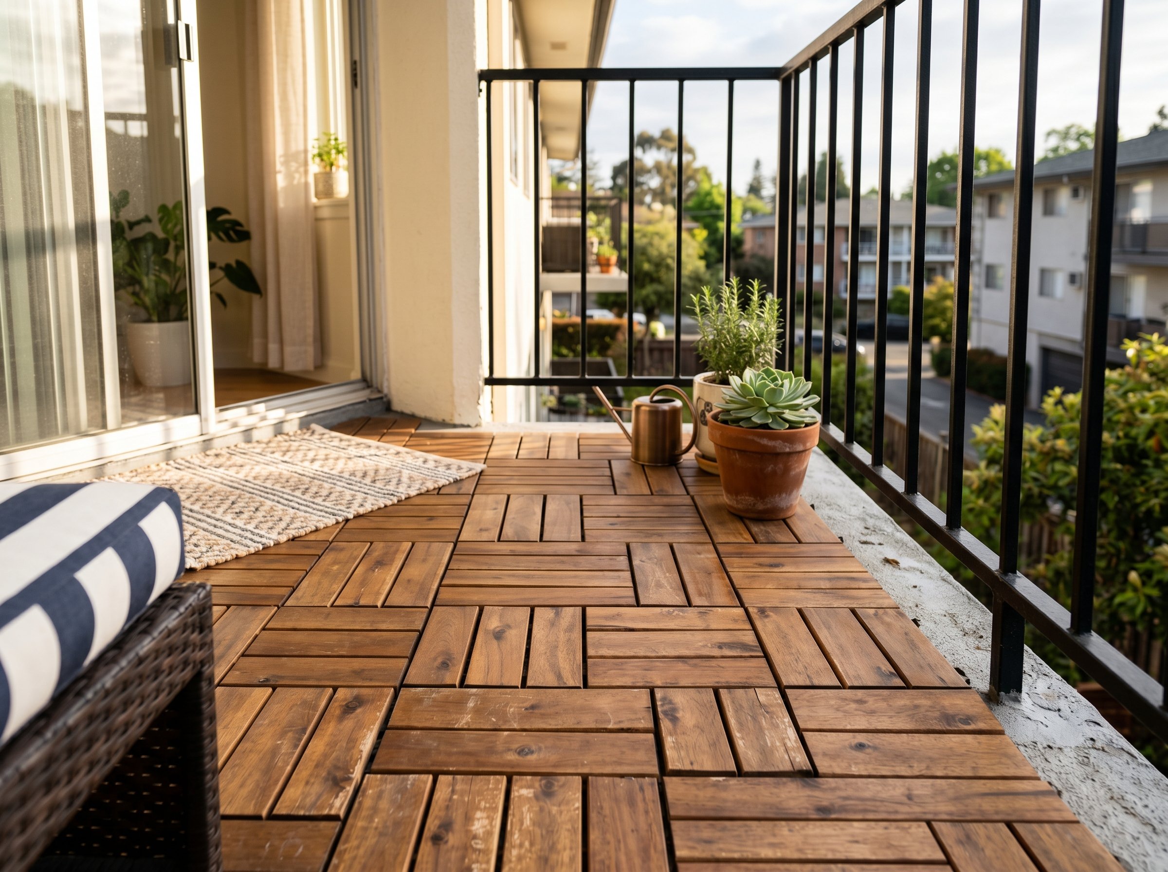 Photorealistic interior photo. Close up of interlocking acacia wood deck tiles over concrete on a small balcony, morning sunlight. Editorial photography style, no people visible.