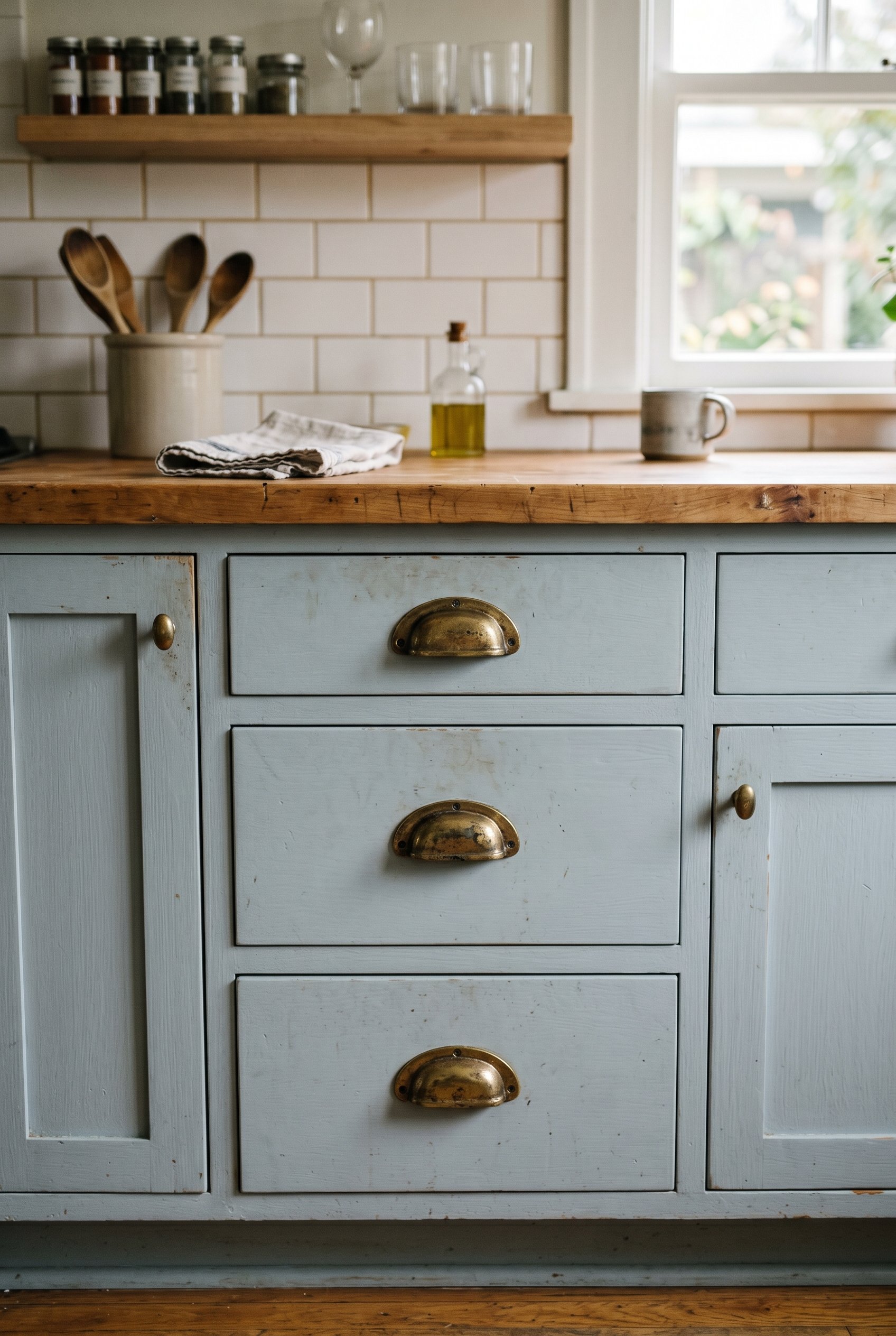 Photorealistic interior photo. Close up of kitchen cabinetry painted in a desaturated blue-gray, featuring heavily patinated, unlacquered solid brass bin pulls. Editorial photography style, no people 