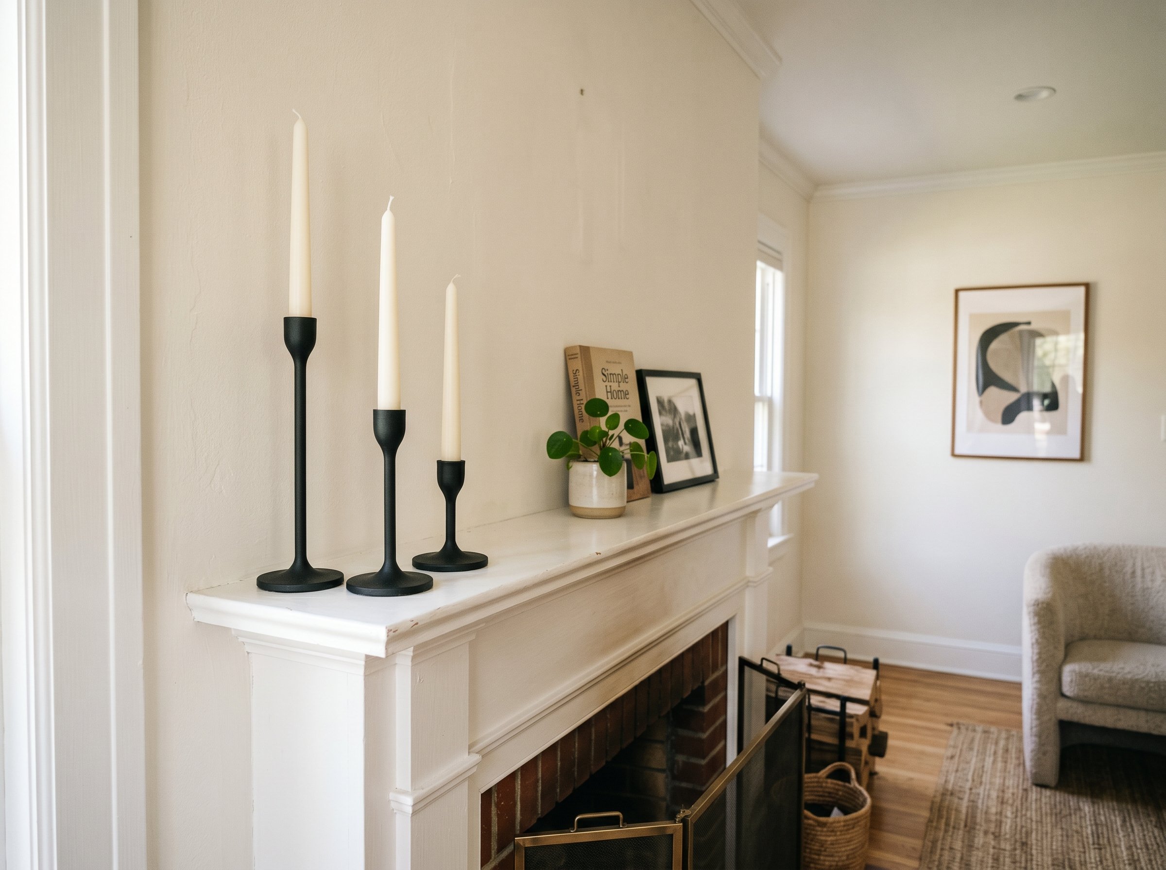 Photorealistic interior photo. Close-up of three matte black candlestick holders in tall, medium, and short heights, clustered on the left side of a minimalist white mantel. White taper candles instal