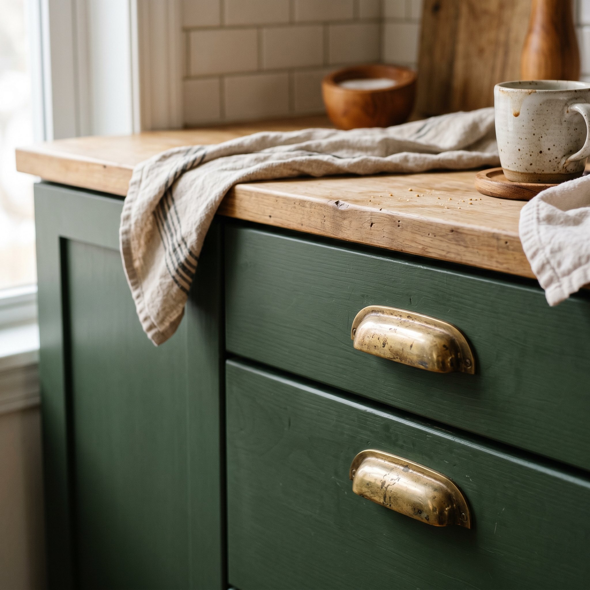 Photorealistic interior photo. Close-up of unlacquered brass cabinet pulls on matte green kitchen drawers, crisp morning lighting, macro camera angle. Editorial photography style, no people visible.