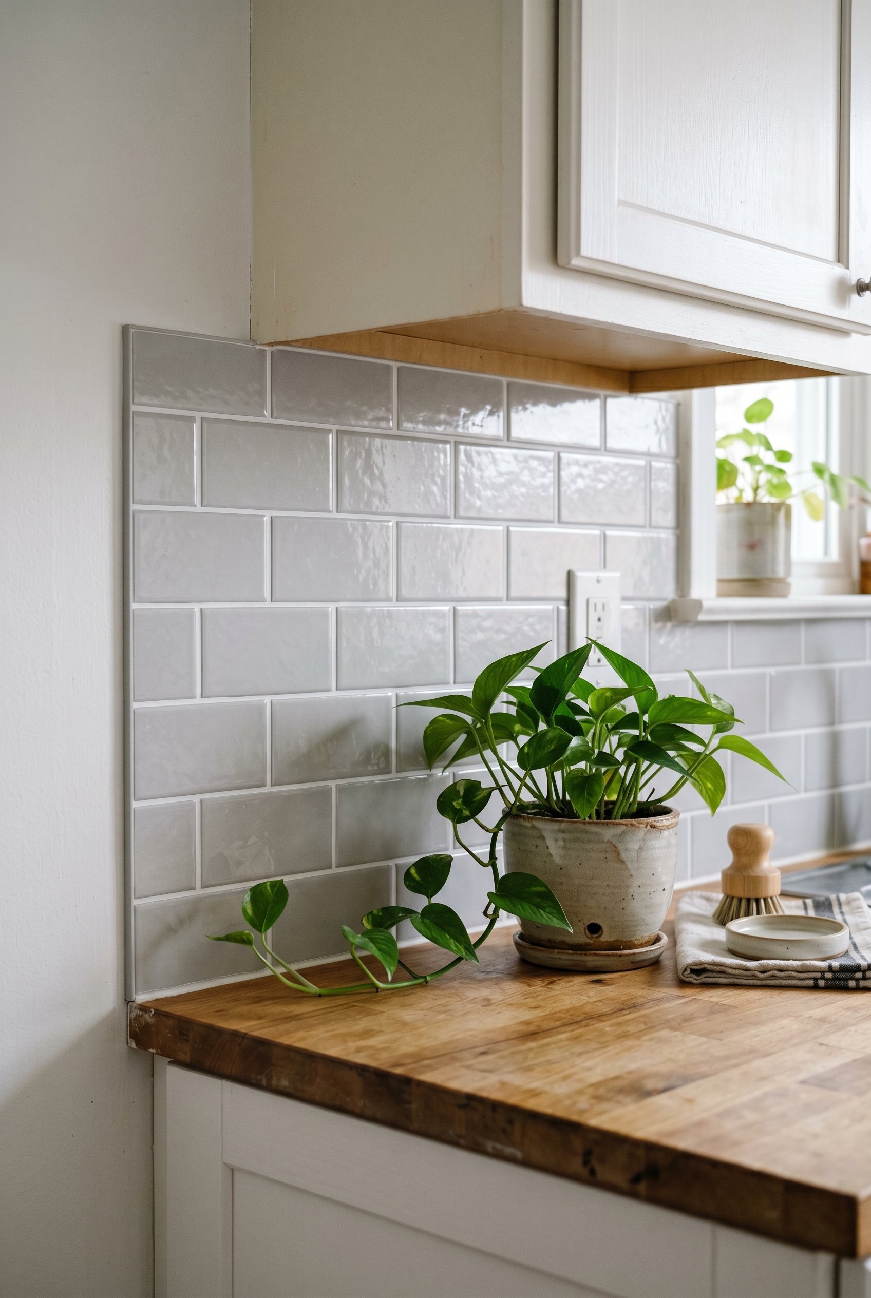 Photorealistic interior photo. Close up of vinyl peel-and-stick subway tile backsplash in a rental kitchen, neat edges, styled with a small potted pothos plant on the counter. Editorial photography st