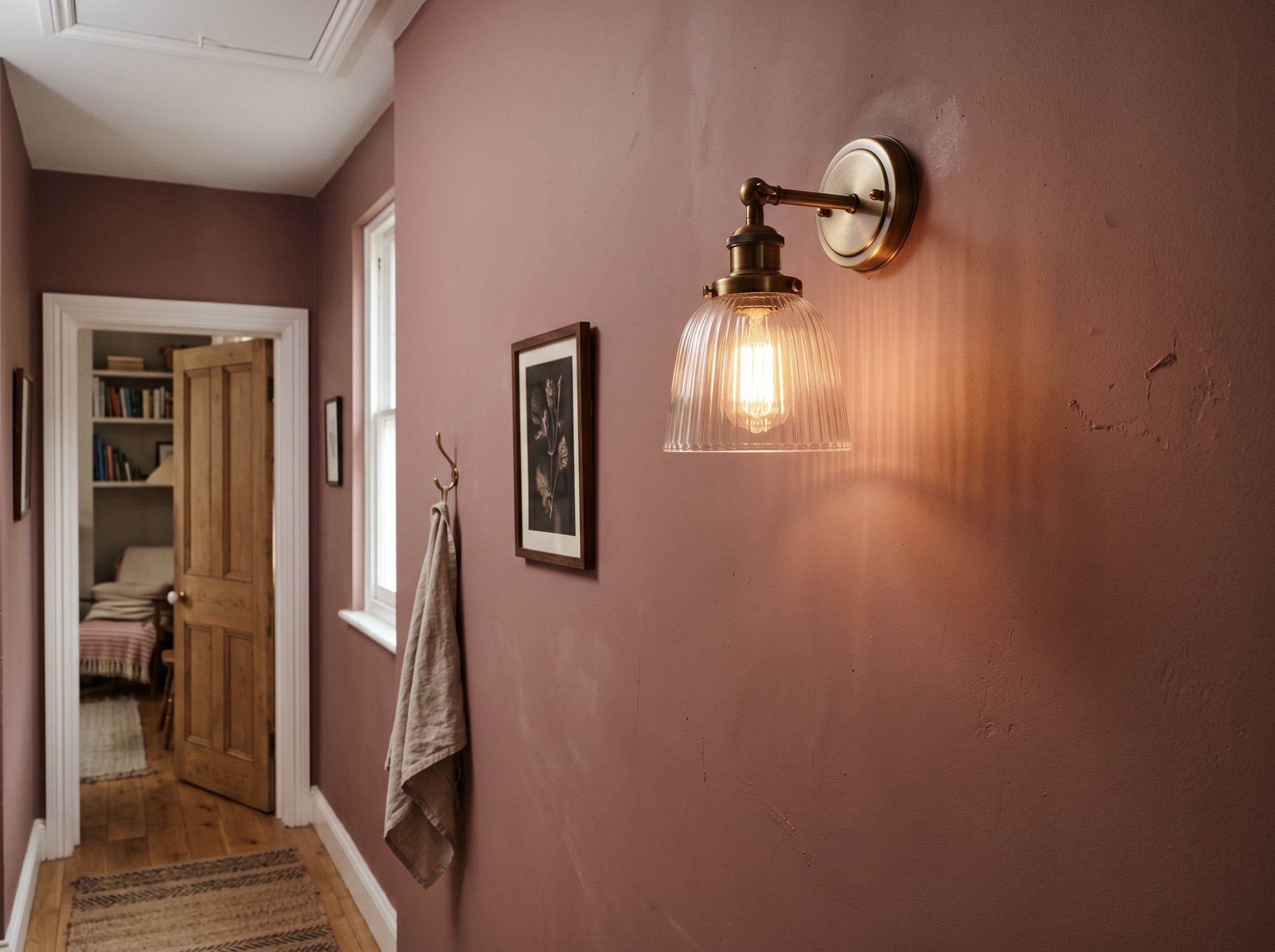 Photorealistic interior photo. Close up of warm 2700K glowing wall sconce on a moody dusty rose painted wall, emphasizing the brownish-pink undertones, soft shadows, straight-on camera angle. Editoria