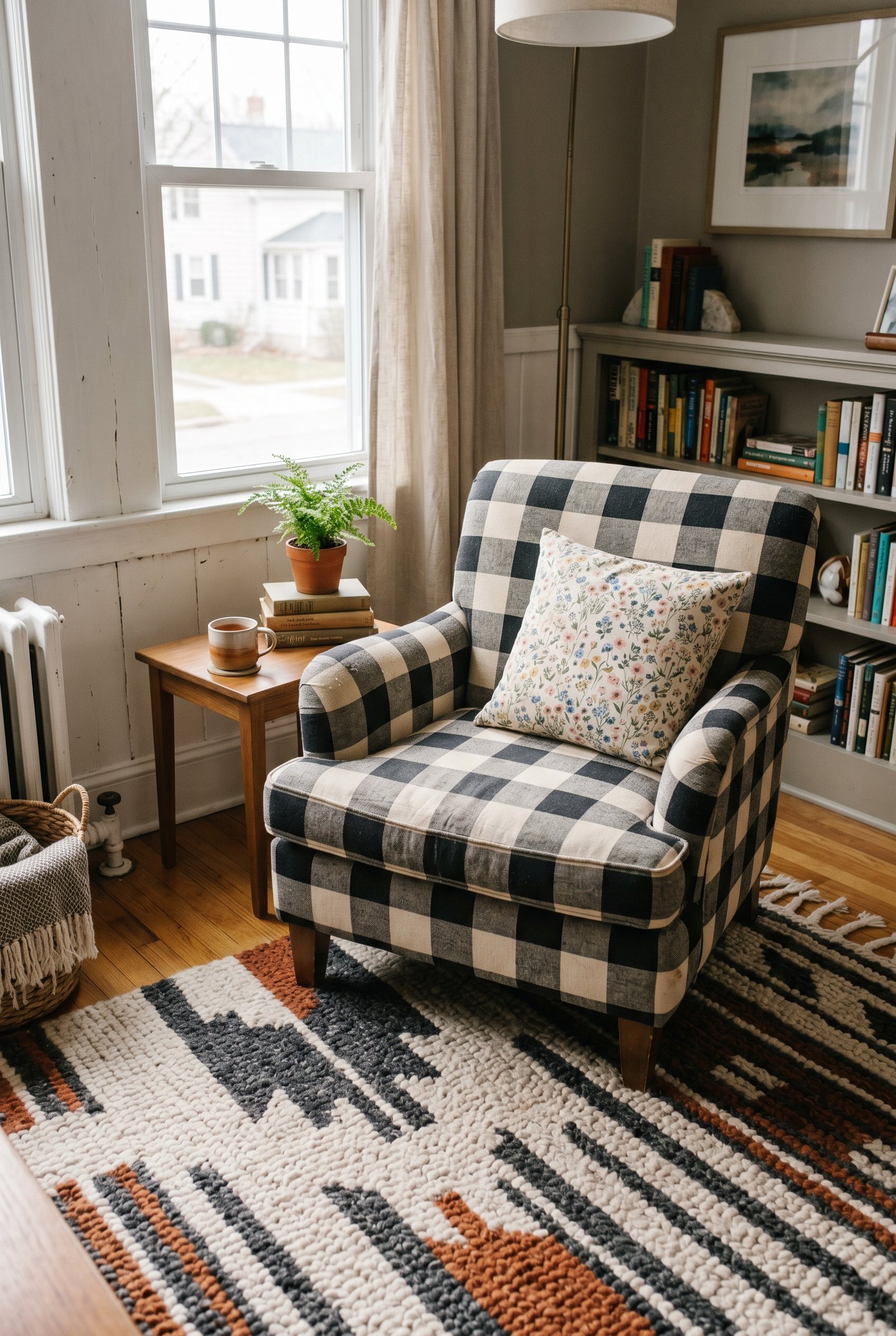 Photorealistic interior photo. Close up on a living room seating area. A large-scale chunky geometric rug sits under an armchair upholstered in medium-scale buffalo check, with a tiny ditsy floral thr