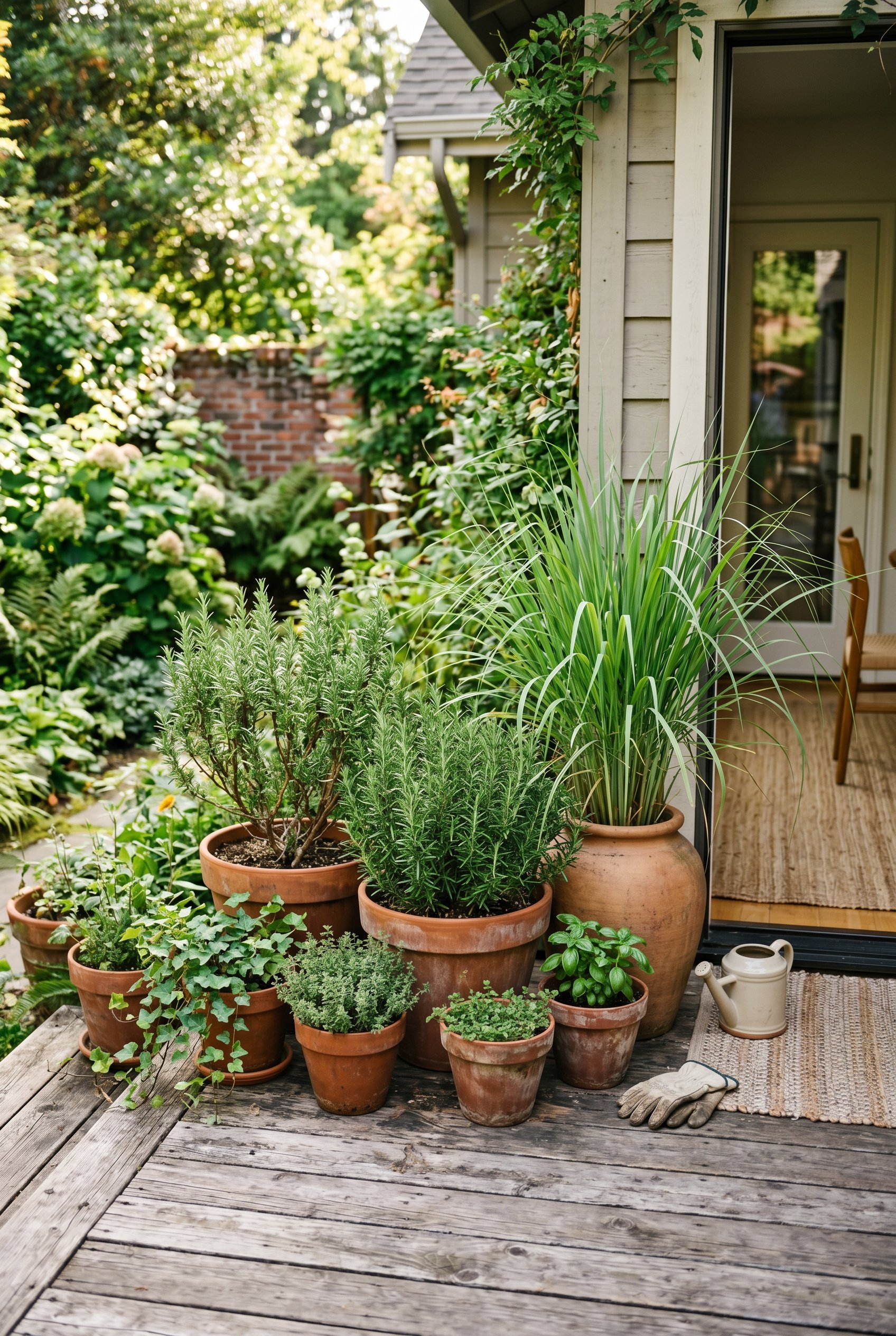 Photorealistic interior photo. Cluster of terracotta pots filled with rosemary and lemongrass on a weathered wooden deck, lush greenery, bright afternoon light. Editorial photography style, no people 
