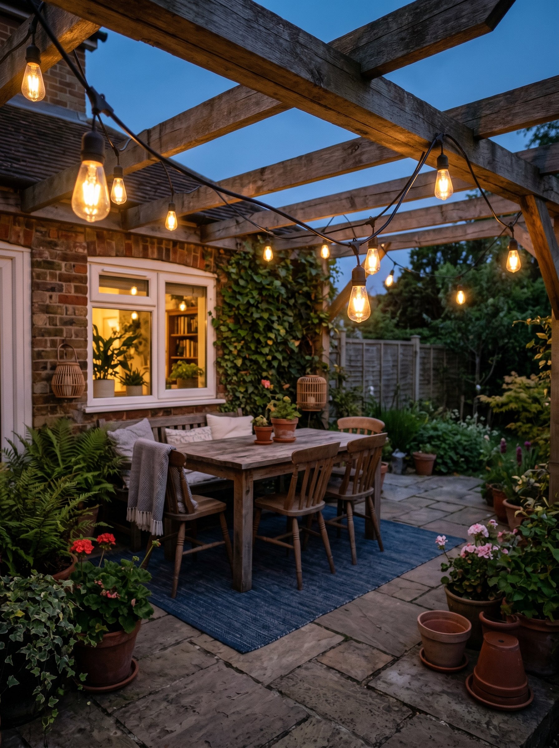 Photorealistic interior photo. Commercial grade Edison string lights hung over a rustic patio, warm glow, thick black cords, dusk lighting, low camera angle. Editorial photography style, no people vis