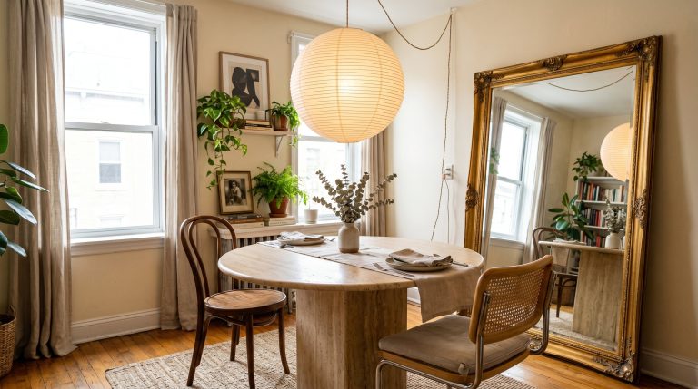 Photorealistic interior photo. Compact, incredibly stylish apartment dining nook featuring a vintage round travertine table, a leaning oversized gold mirror bouncing natural light, and a plug-in overs