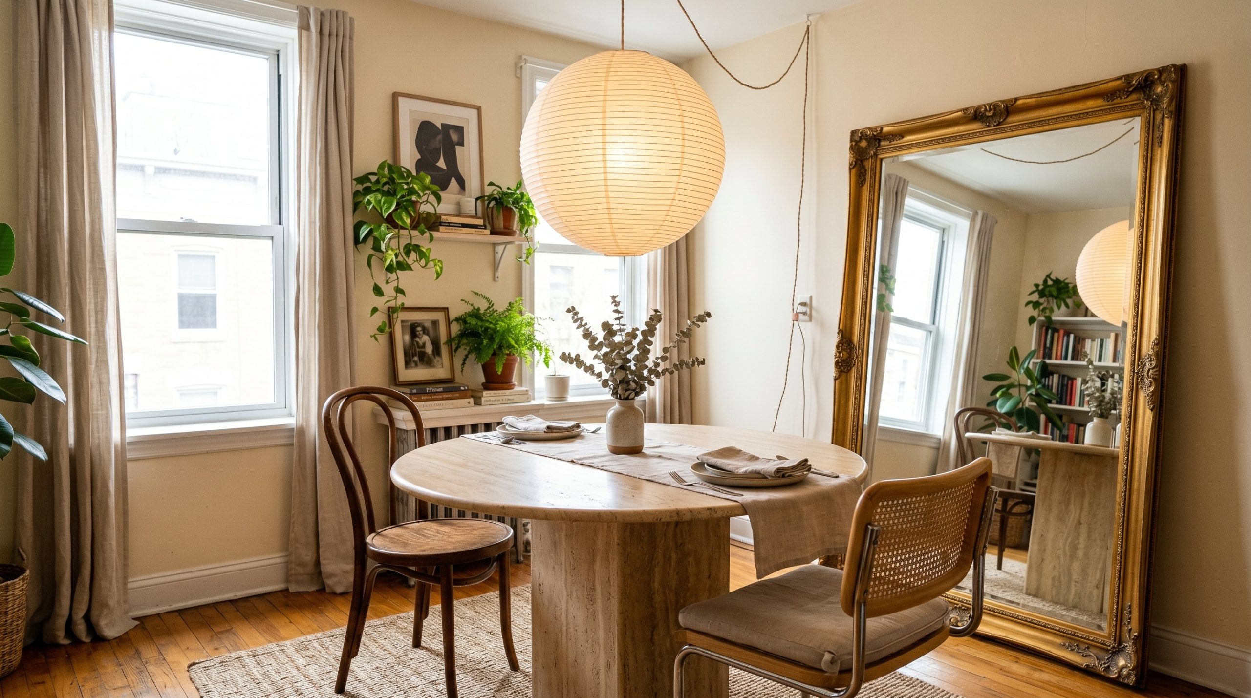 Photorealistic interior photo. Compact, incredibly stylish apartment dining nook featuring a vintage round travertine table, a leaning oversized gold mirror bouncing natural light, and a plug-in overs