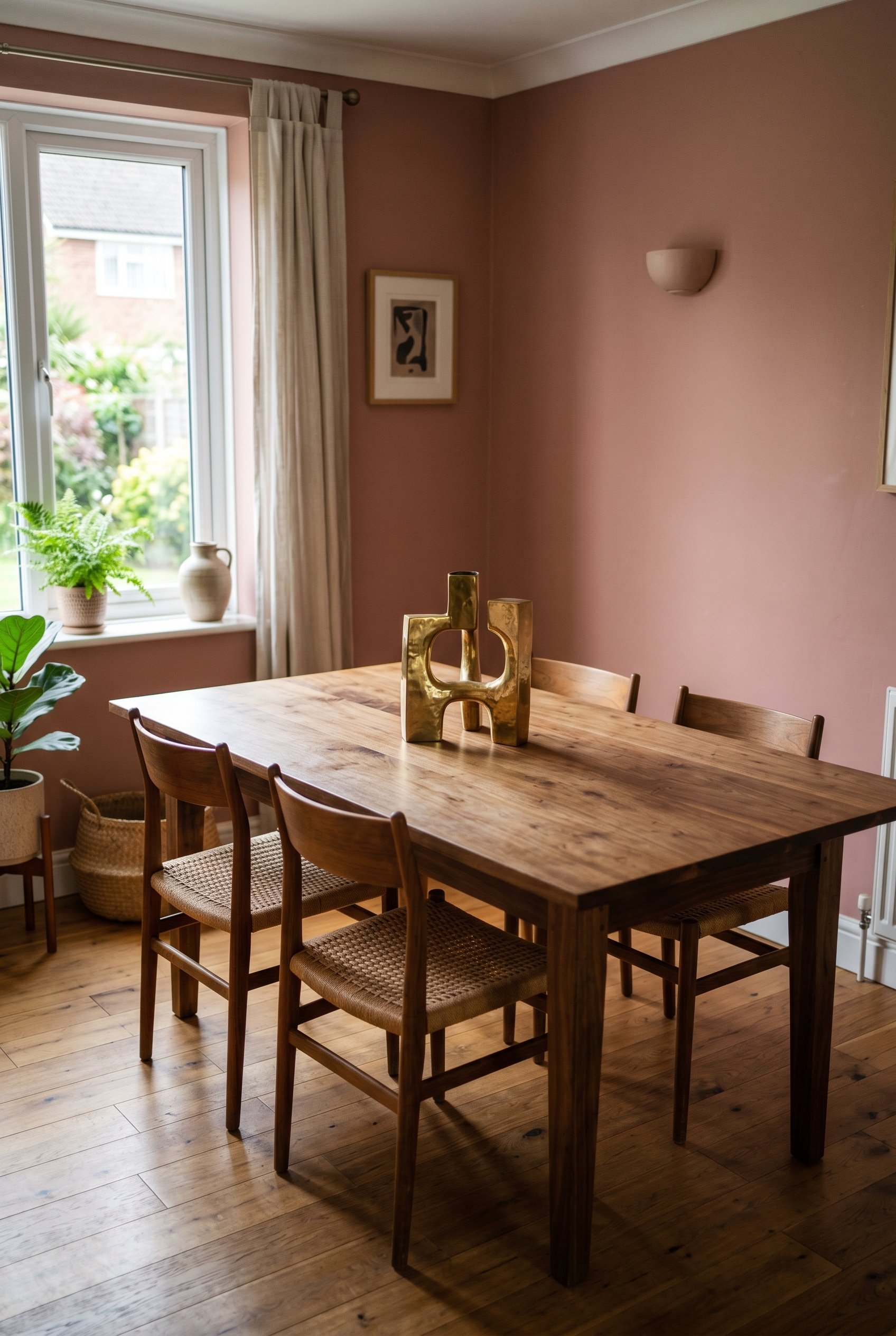 Photorealistic interior photo. Completely bare walnut dining table with a single sculptural brass centerpiece, set against dusty rose walls, minimalist aesthetic, natural side lighting, angled camera.