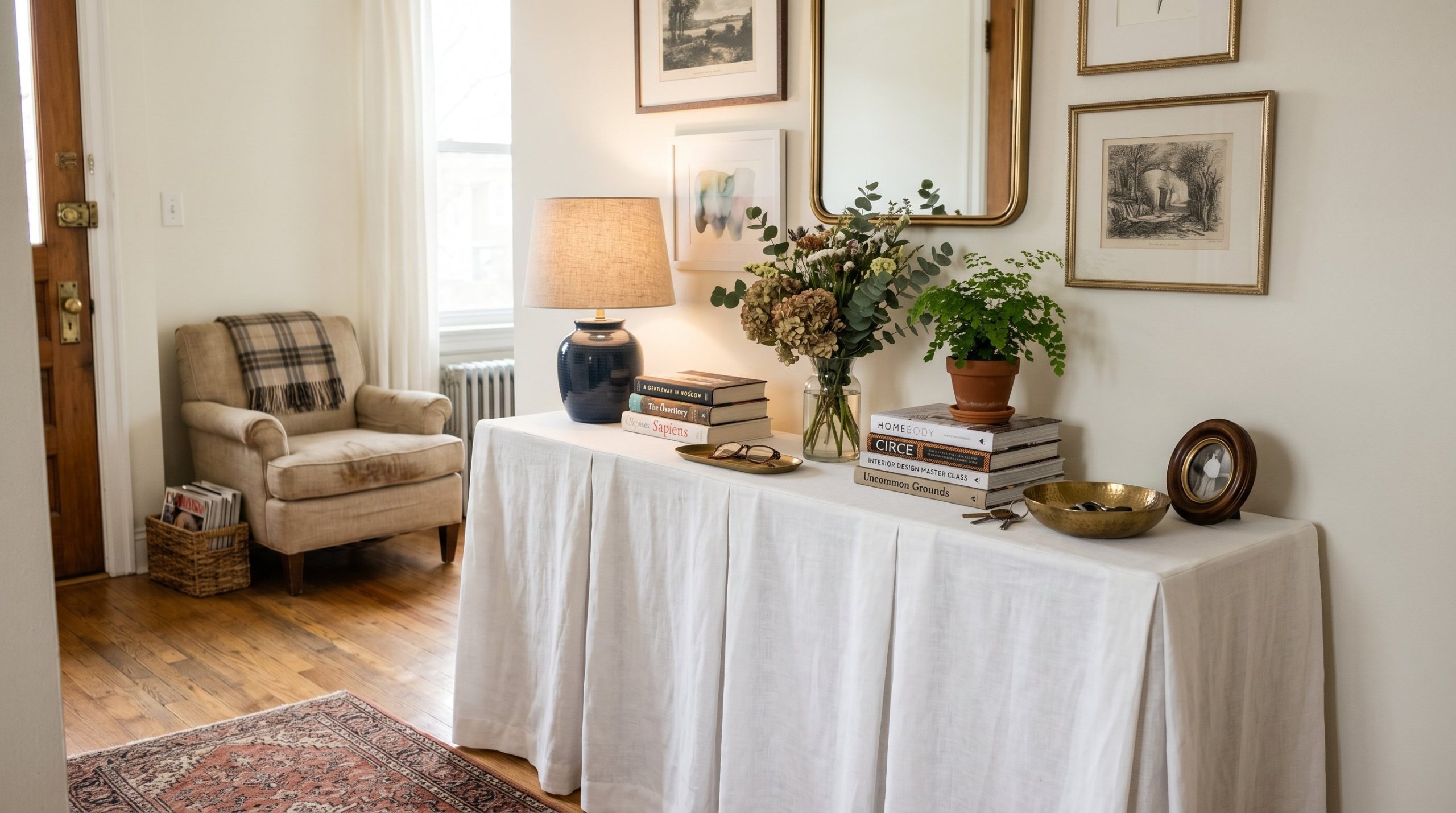 Photorealistic interior photo. Console table with a tailored, pleated white linen fabric skirt hiding the legs, styled with books and a lamp, natural light. Editorial photography style, no people visi