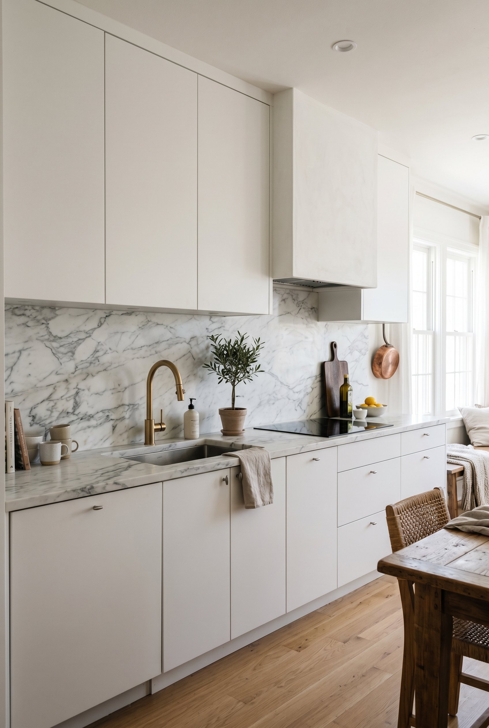 Photorealistic interior photo. Continuous Calacatta marble slab backsplash and matching countertop, flat panel white cabinets, soft natural daylight, straight on camera angle. Editorial photography st