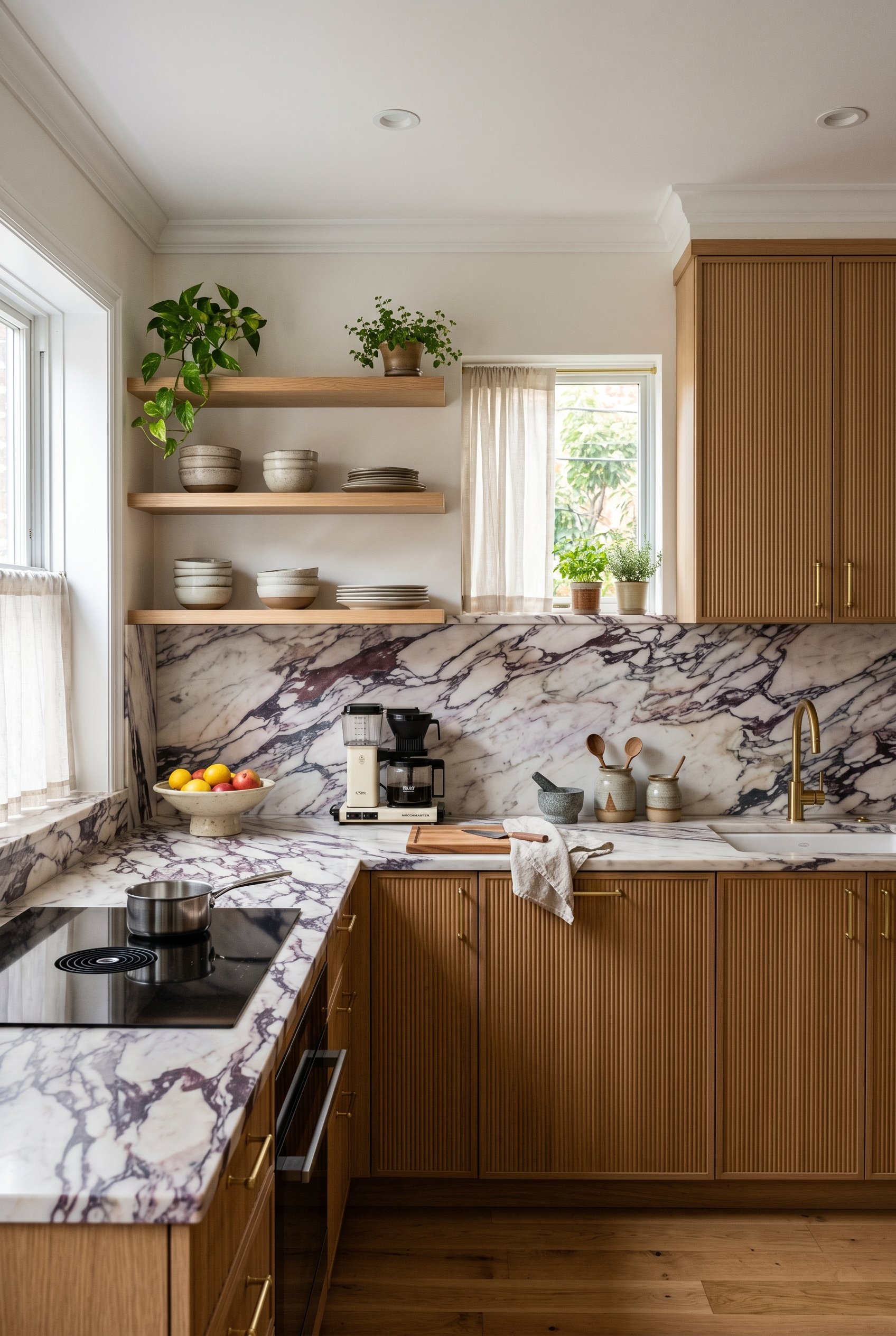 Photorealistic interior photo. Continuous Calacatta Viola marble slab backsplash and countertop in a modern kitchen. Soft natural lighting, straight-on camera angle. Editorial photography style, no pe