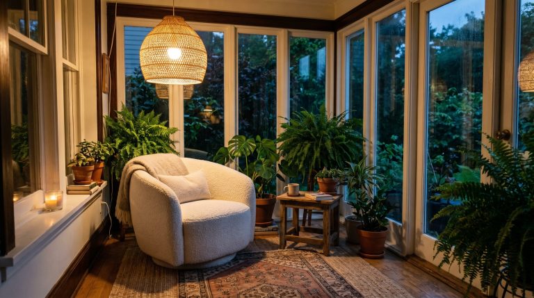 Photorealistic interior photo. Cozy corner sunroom at dusk, warm amber light glowing from a large rattan pendant, vintage Turkish rug layered over jute, a boucle swivel chair, lush potted ferns. Edito