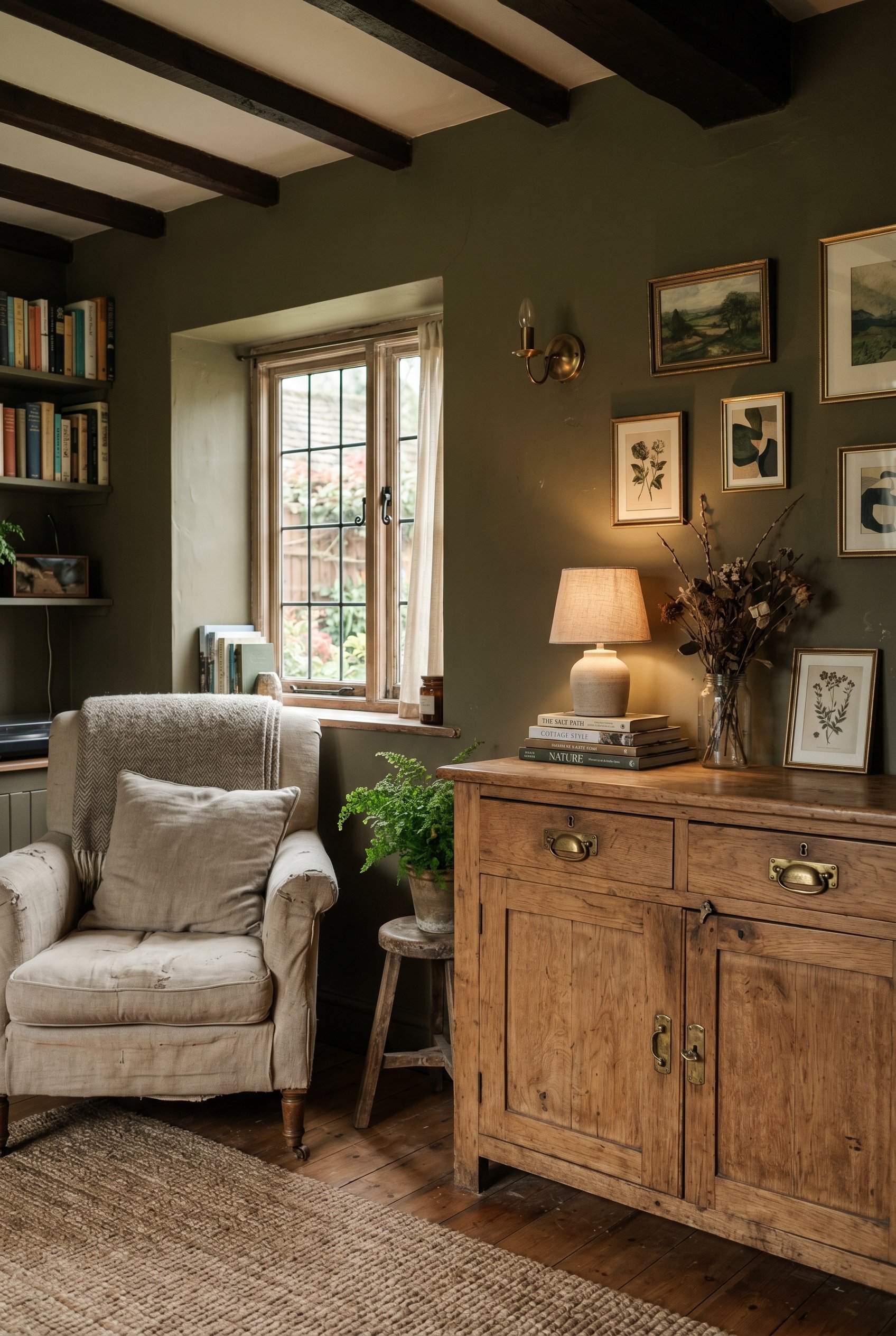 Photorealistic interior photo. Cozy cottage living room corner, muddy olive green walls, rustic brass hardware on a vintage wooden cabinet. Editorial photography style, moody natural lighting, no peop
