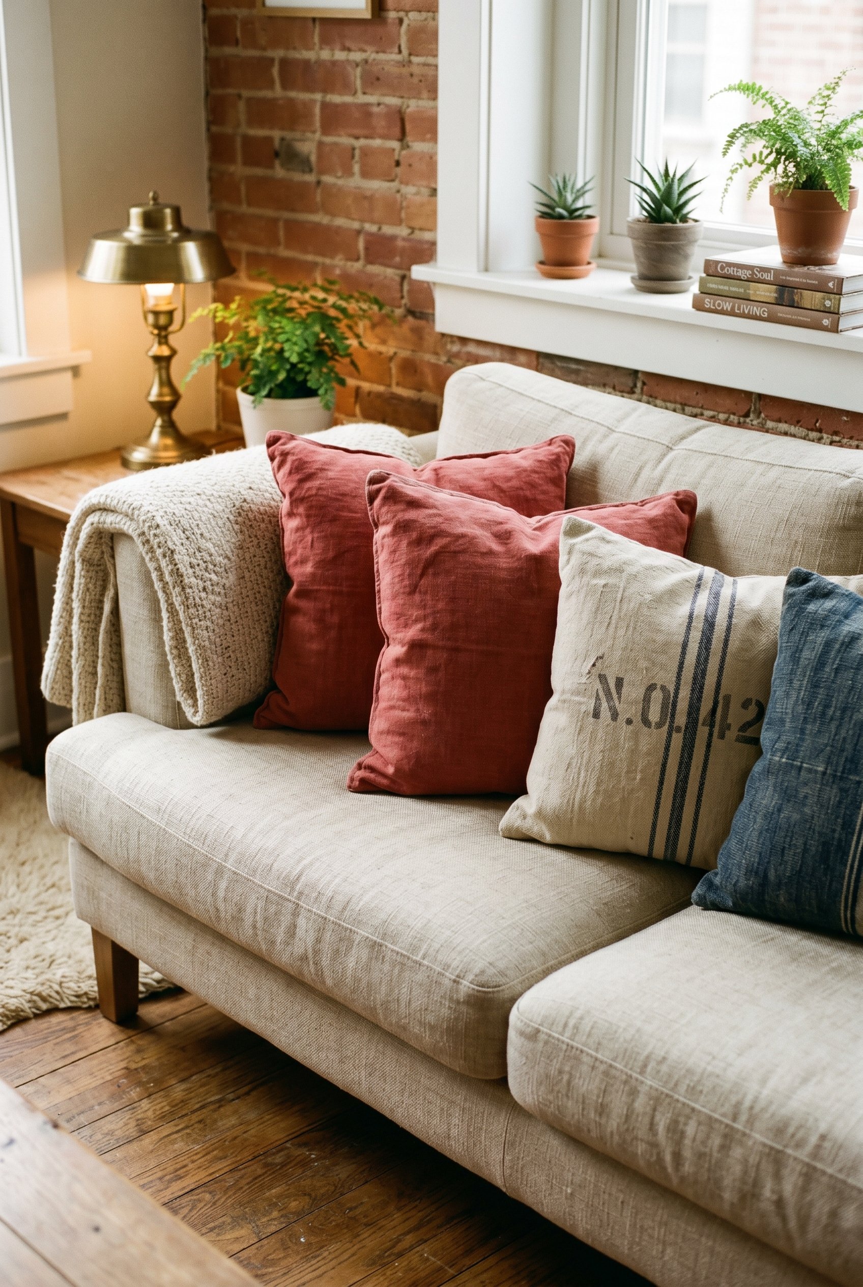 Photorealistic interior photo. Cozy sofa featuring faded brick red linen pillows and washed-out indigo vintage grain sack textiles, warm afternoon lighting, close-up camera angle on the pillows. Edito