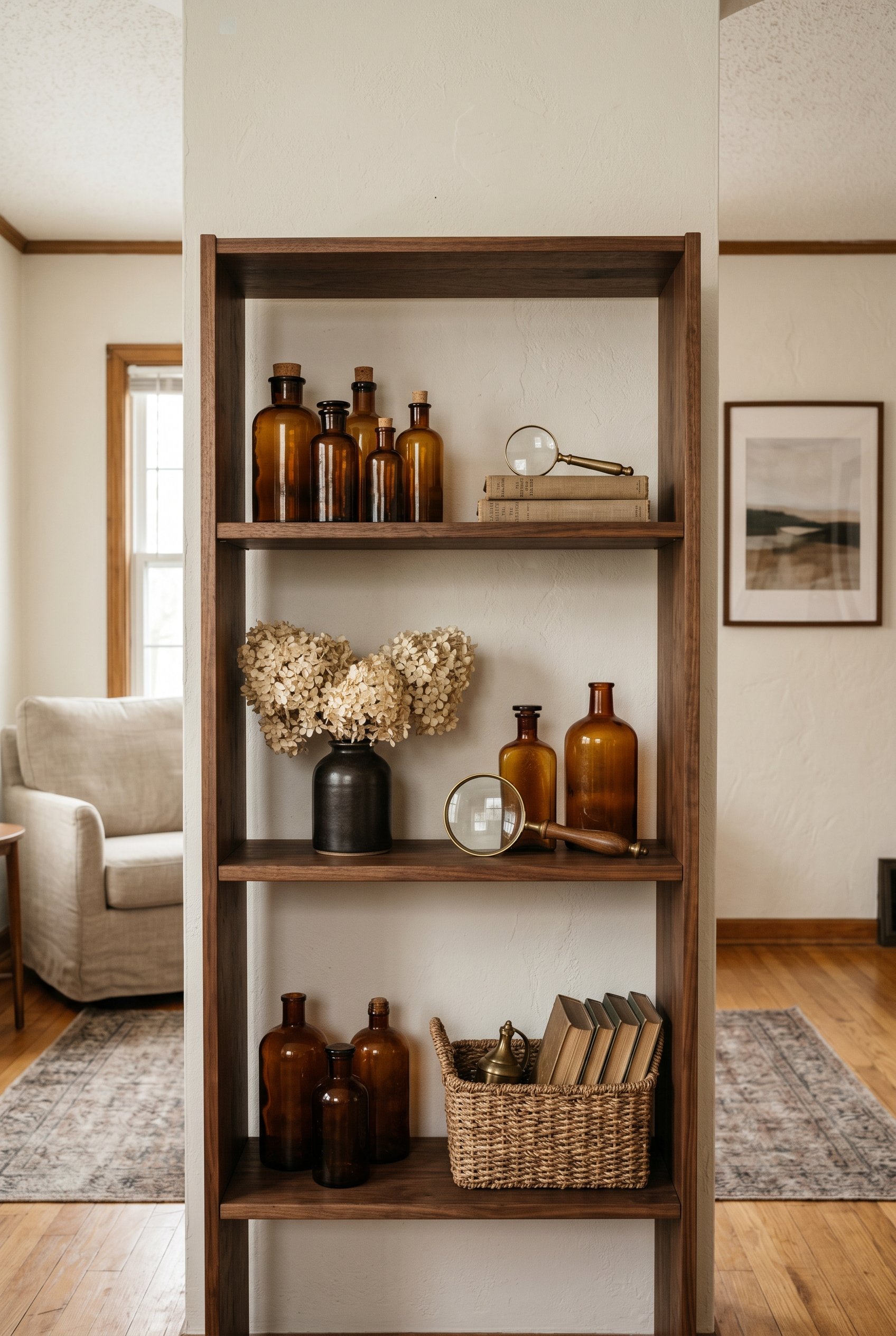 Photorealistic interior photo. Curated dark wood shelving unit displaying vintage amber glass bottles, antique magnifying glasses, and dried hydrangeas with lots of negative space, straight-on angle. 