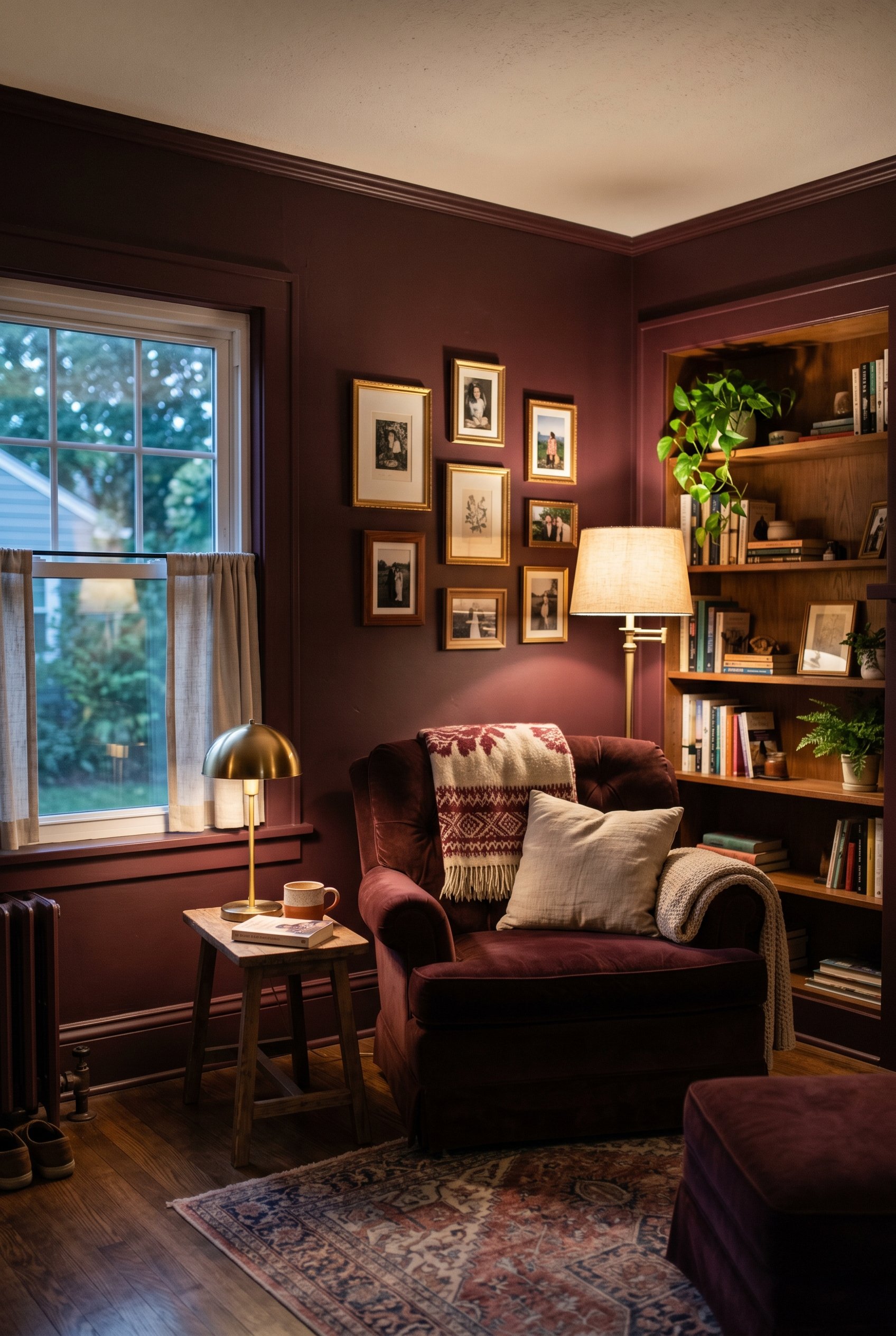 Photorealistic interior photo. Dark burgundy walls matching trim, dark velvet chair. Warm ambient lighting, eye-level camera angle. Editorial photography style, no people visible.