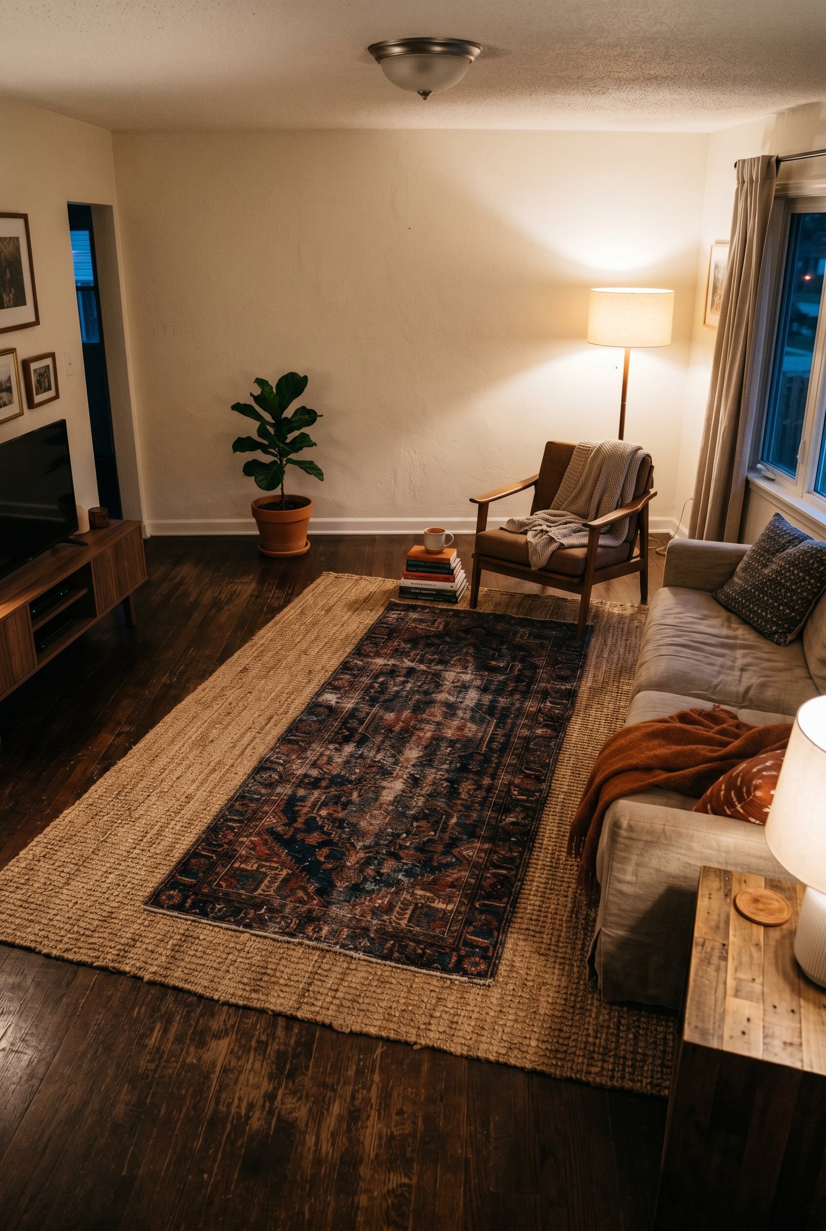 Photorealistic interior photo. Dark distressed Persian rug layered over a large natural jute rug on a dark hardwood floor. Low warm lighting, high camera angle looking down. Editorial photography styl