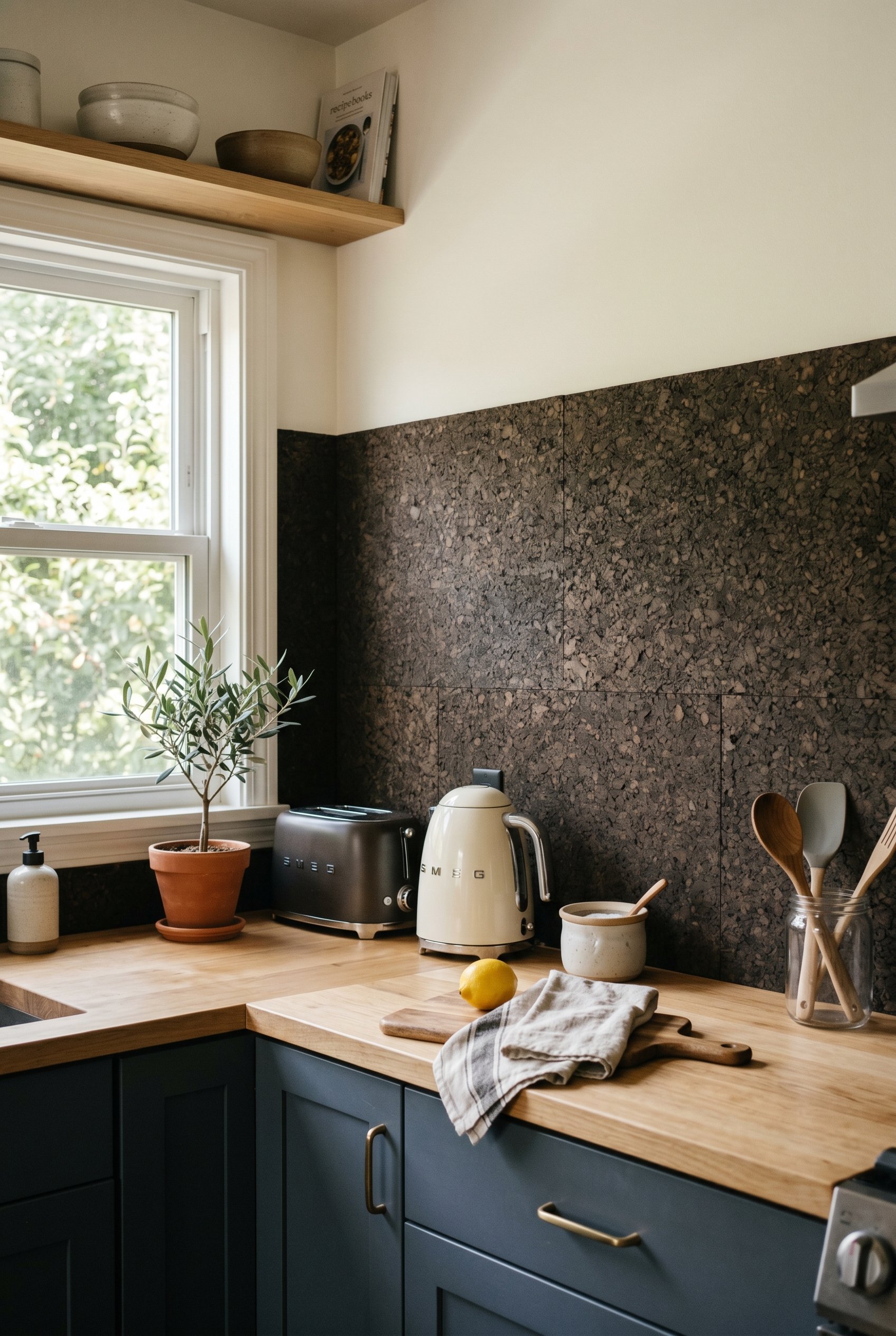 Photorealistic interior photo. Dark sealed cork panel backsplash in a warm modern kitchen. Matte finish, rich texture, bright natural light, close-up angled shot. Editorial photography style, no peopl
