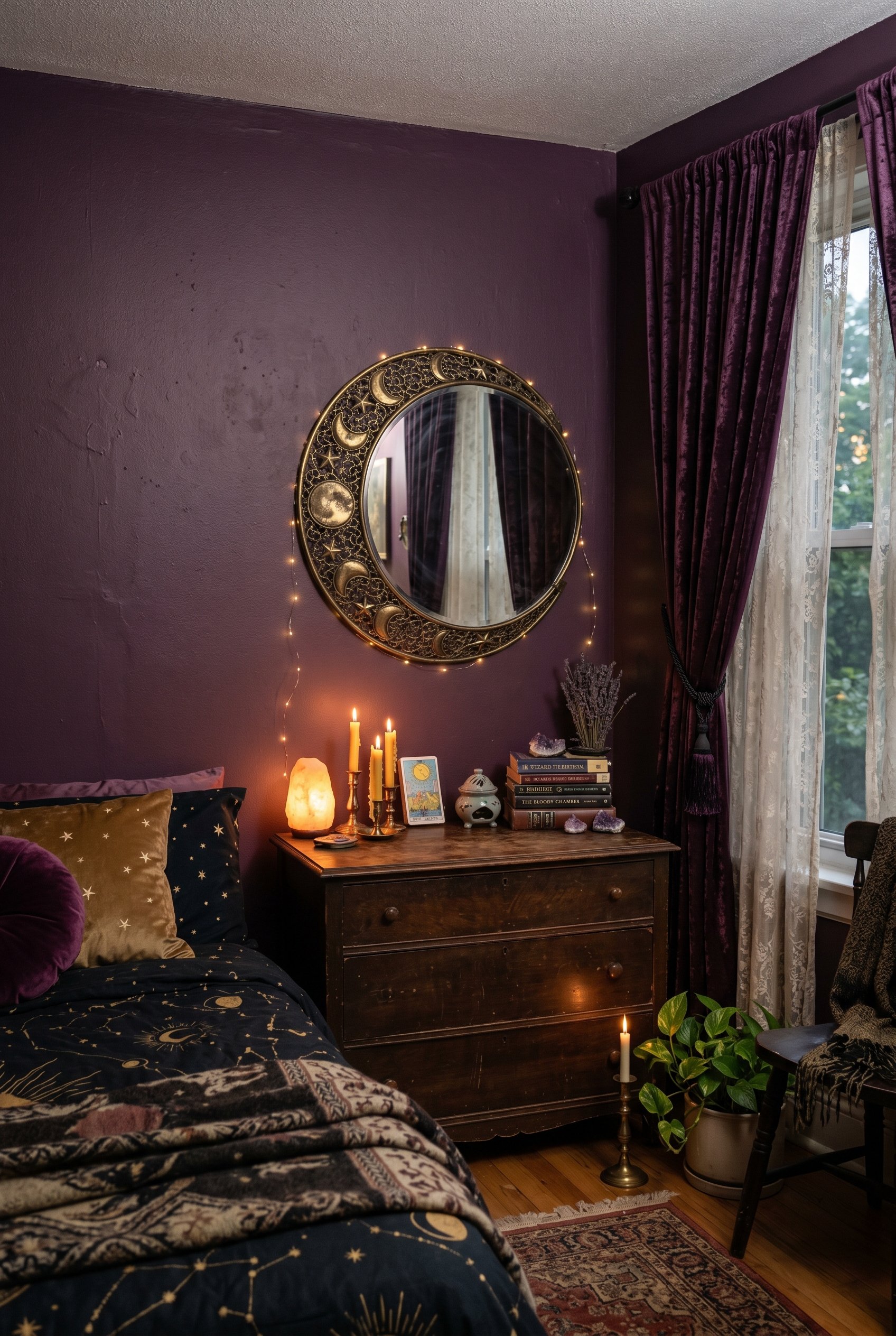 Photorealistic interior photo. Dark whimsigoth bedroom corner featuring deep plum walls, heavy velvet drapes, and a vintage crescent moon brass mirror. Editorial photography style, moody low-light ill
